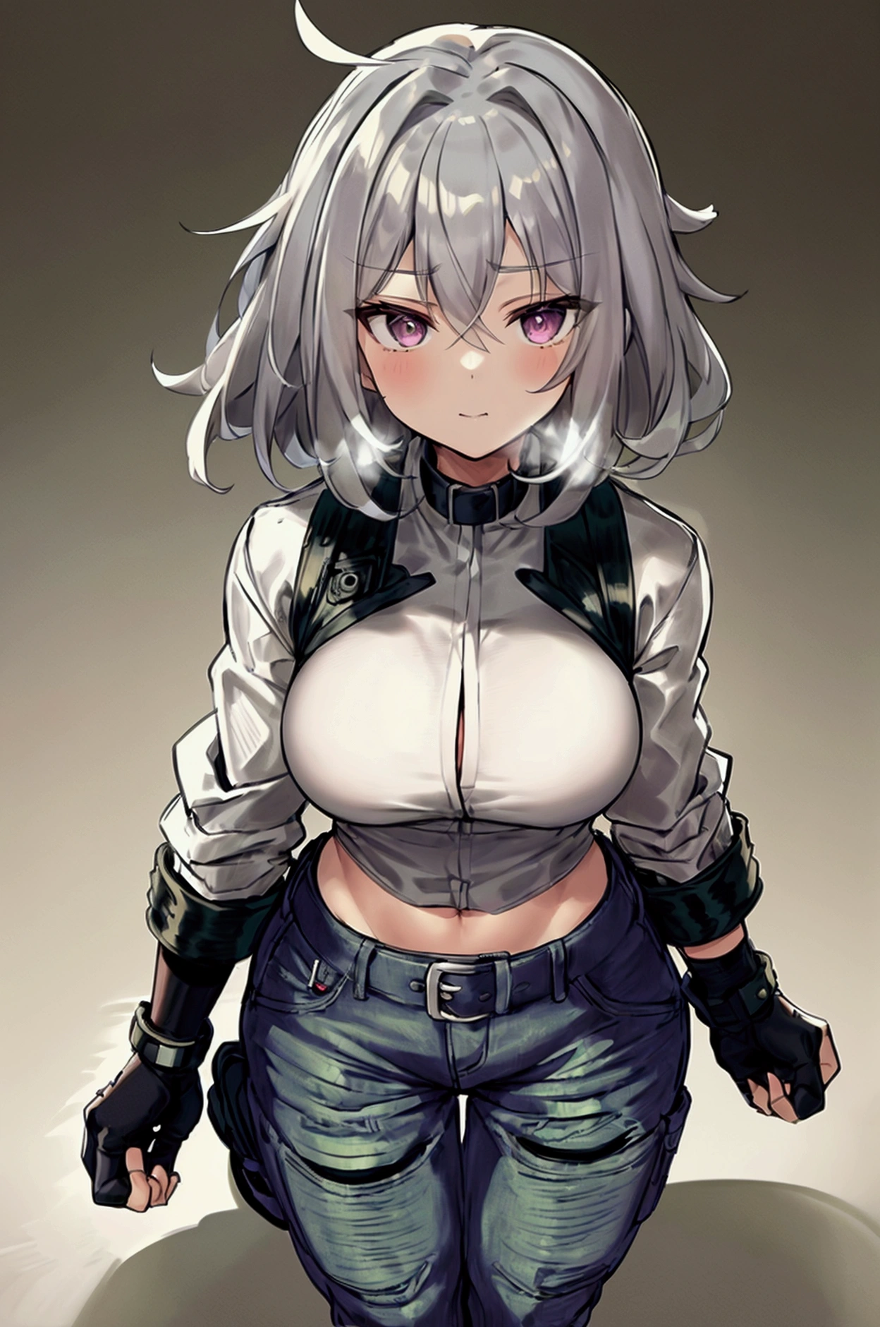  ultra detailed , Obra de arte,  Best quality ,  standing alone , arrogant smile,
 a girl, silver eyes, (medium hair gris, highlighted , medium hair,  Big breasts , toned abdomen
coat on the shoulders, pantss jeans,   long sleeve white shirt with rolled sleeves ,  fingerless gloves , combat boots, pants,  black coat , 2 Katanas :  ( 1 glove in the hand  ,  another one kept at the waist )  battle posture  ,   movement with the katana  