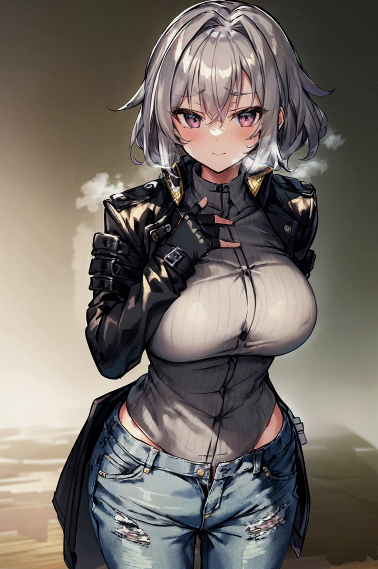  ultra detailed , Obra de arte,  Best quality ,  standing alone , arrogant smile,
 a girl, silver eyes, (medium hair gris, highlighted , medium hair,  Big breasts , toned abdomen
coat on the shoulders, pantss jeans,   long sleeve white shirt with rolled sleeves ,  fingerless gloves , combat boots, pants,  black coat , 2 Katanas :  ( 1 glove in the hand  ,  another one kept at the waist )  battle posture  ,   movement with the katana  