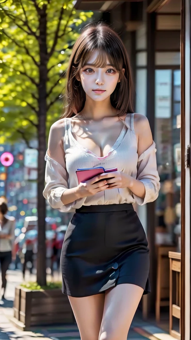 (masterpiece, best quality), 1girl, Terra cotta Long Layered Hair, medium breasts, Blush Pink Ruffled Victorian-style blouse with lace inserts. and Plaid trousers, loose socks, Resting on a bench in a busy city, looking tired but content after a long day of exploring., <lora:yoshi:1> yoshiostyle
