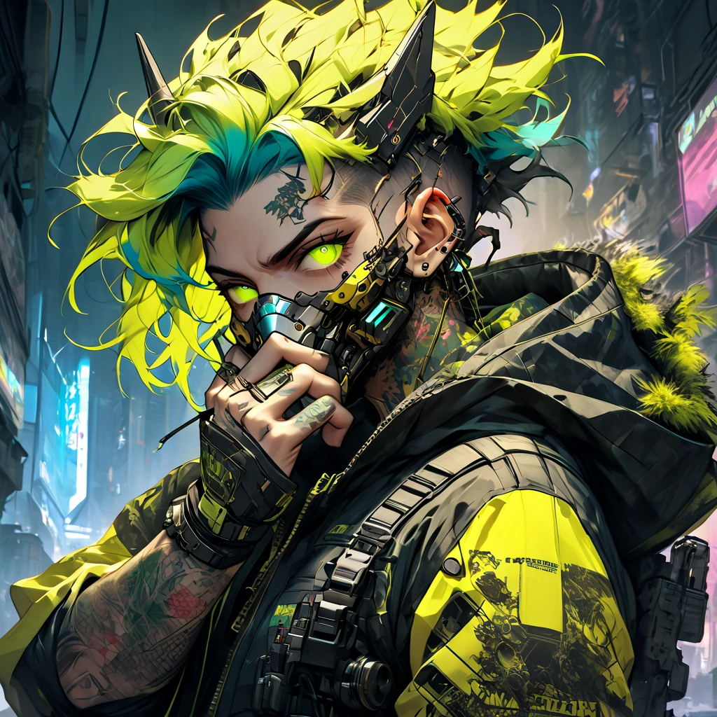 cyborg, 1_man_cyberpunk_2077, barghest, neon yellow and black techwear, cyberpunk backdrop, neongreen punk hair, golden skullmask covering his mouth, neongreen glowing eyes, tattoos on lower arms, combat boots
