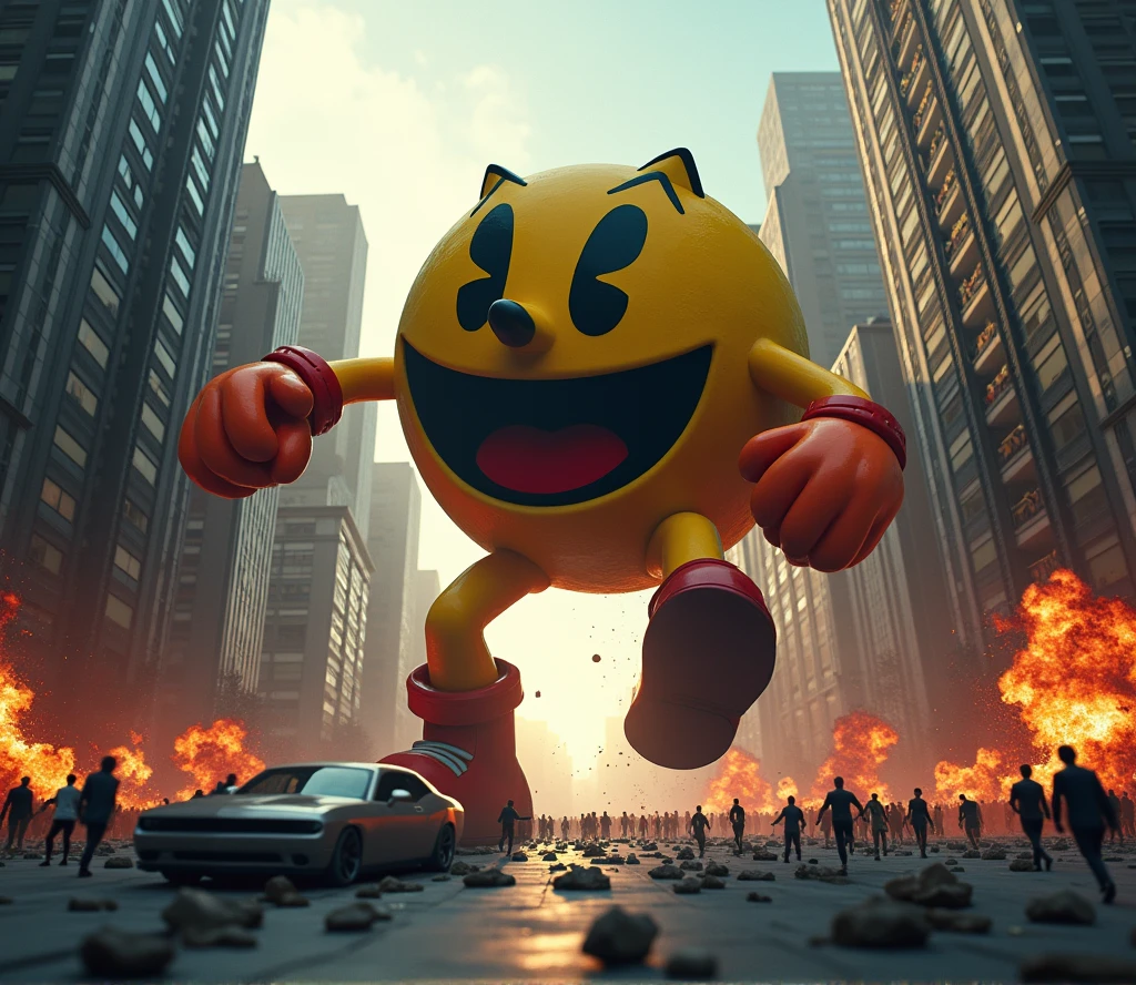 (masterpiece, 8k resolution, high-quality, hyper-realistic, cinematic lighting, urban destruction, vibrant colors, intense action, chaotic atmosphere) A massive, aggressive Pac-Man rampages through a modern urban cityscape, towering over skyscrapers with a menacing expression and wide-open mouth. Buildings crumble and explode as he moves forward, leaving a trail of destruction. Cars and debris are scattered, and crowds of tiny, panicked people run in every direction. Explosions and smoke fill the air, casting an orange and red glow against the buildings. The scene is intense and chaotic, blending surreal video game elements with a realistic city under attack, capturing the sheer scale and terror of the moment.
