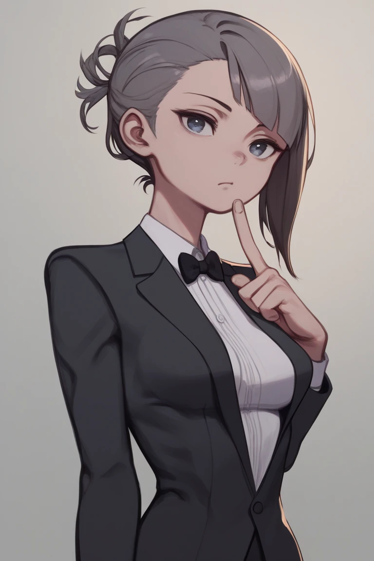 score_7_up, high resolution,  1girl, little finger out , strict and serious facial expression, oseledets,  asymmetric bangs , Dark grey eyes,  medium breasts ,  formal costume