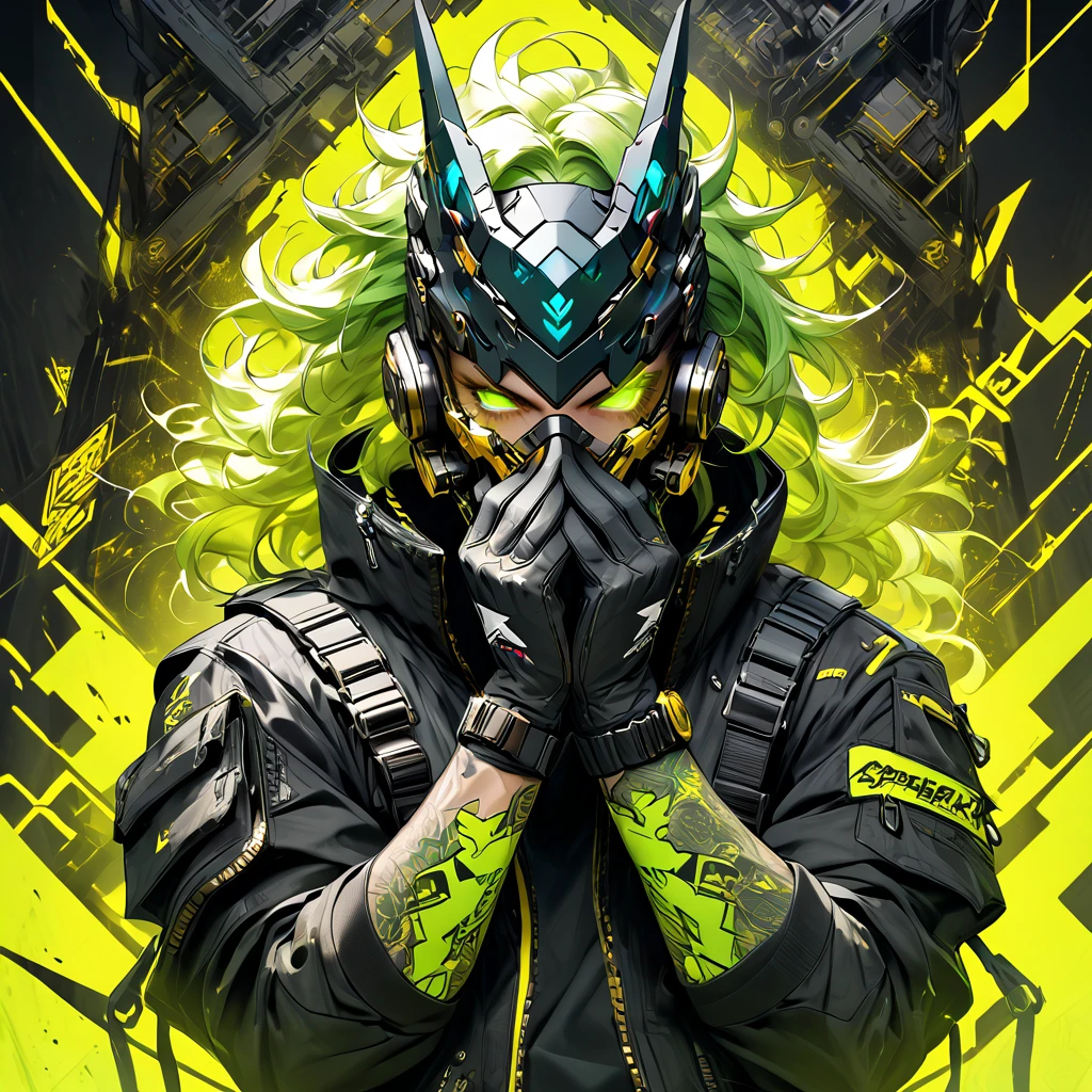 cyborg, 1_man_cyberpunk_2077, barghest, neon yellow and black techwear, cyberpunk backdrop, neongreen punk hair, golden skullmask covering his mouth, neongreen glowing eyes, tattoos on lower arms, black gloves
