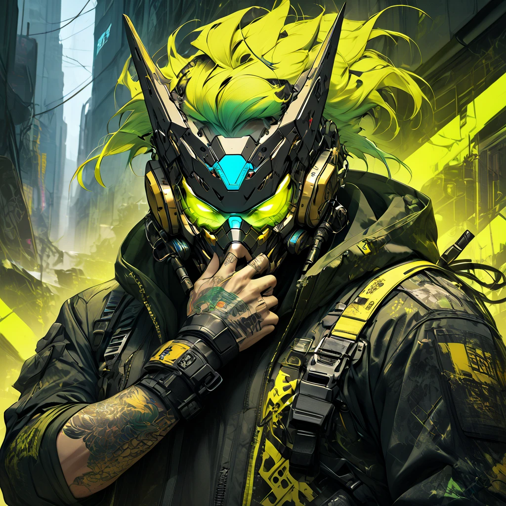 cyborg, 1_man_cyberpunk_2077, barghest, neonyellow and black techwear, cyberpunk backdrop, neongreen punk hair, golden skullmask covering his mouth, neongreen glowing eyes, tattoos on lower arms, combat boots
