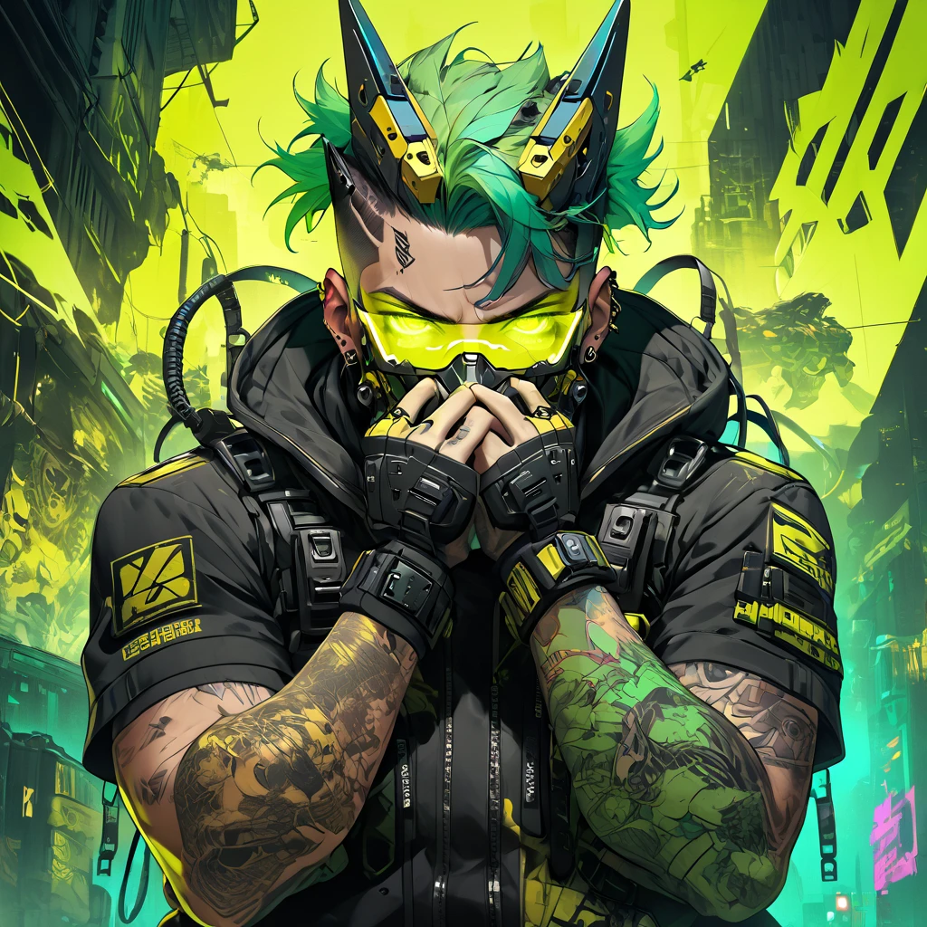 cyborg, 1_man_cyberpunk_2077, barghest, neon yellow and black techwear, cyberpunk backdrop, neongreen punk hair, golden skullmask covering his mouth, neongreen glowing eyes, tattoos on lower arms, combat boots
