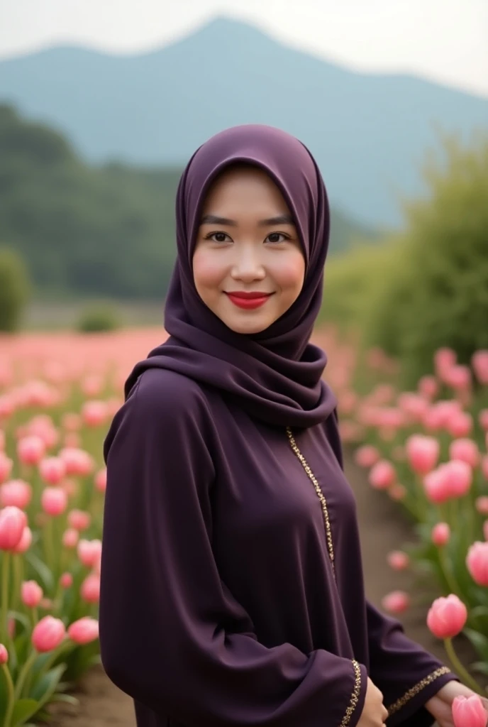 A beautiful Indonesian woman, smooth white skin, well-groomed face,wearing a brown hijab in a modern style,wearing a red orange knitted hoodie, smiled faintly,posing next to a purple orchid in full bloom. Latar belakang Ladang bunga anggrek banyak .Realistic original photo
