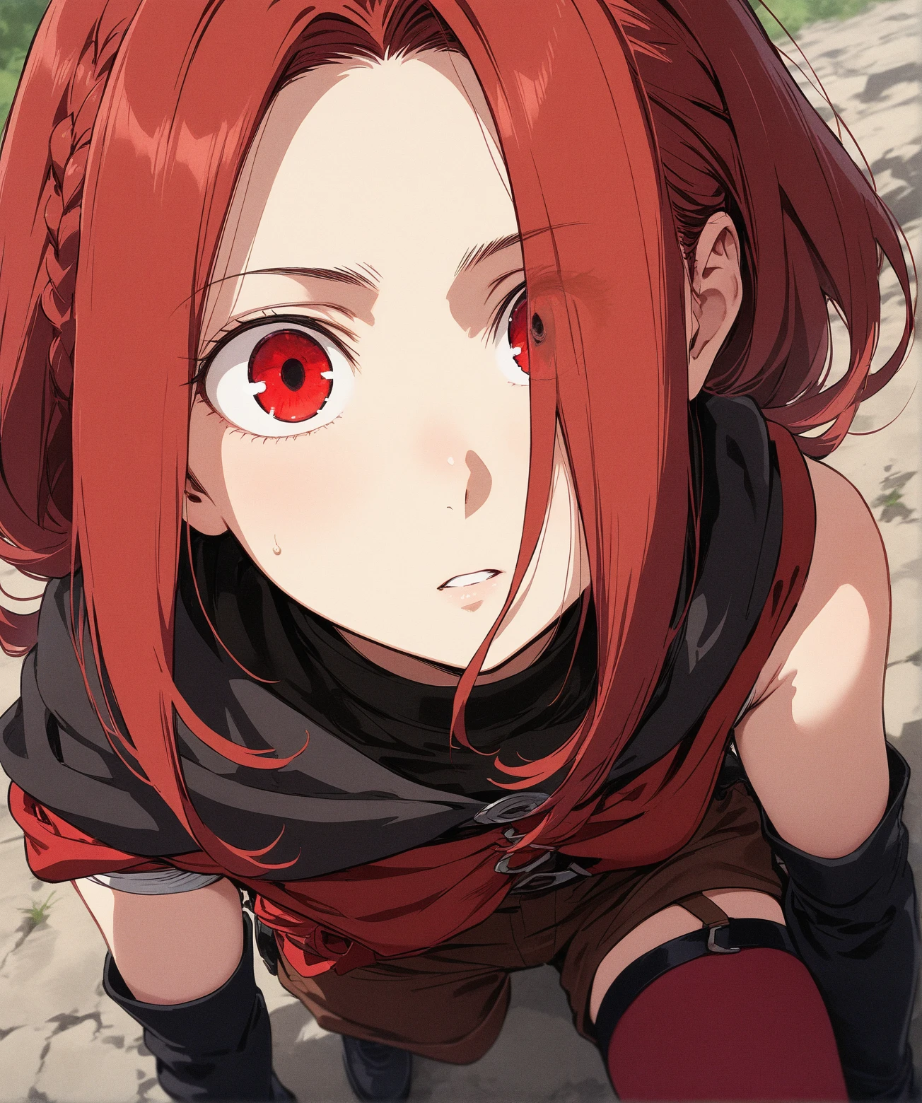 grimgaryume, yume, long hair, (red eyes:1.5), braid, red hair, single braid, BREAK thighhighs, gloves, boots, shorts, elbow gloves, fingerless gloves, cape, black shorts, red thighhighs, BREAK looking at viewer, BREAK outdoors, BREAK (masterpiece:1.2), best quality, high resolution, unity 8k wallpaper, (illustration:0.8), (beautiful detailed eyes:1.6), extremely detailed face, perfect lighting, extremely detailed CG, (perfect hands, perfect anatomy),
