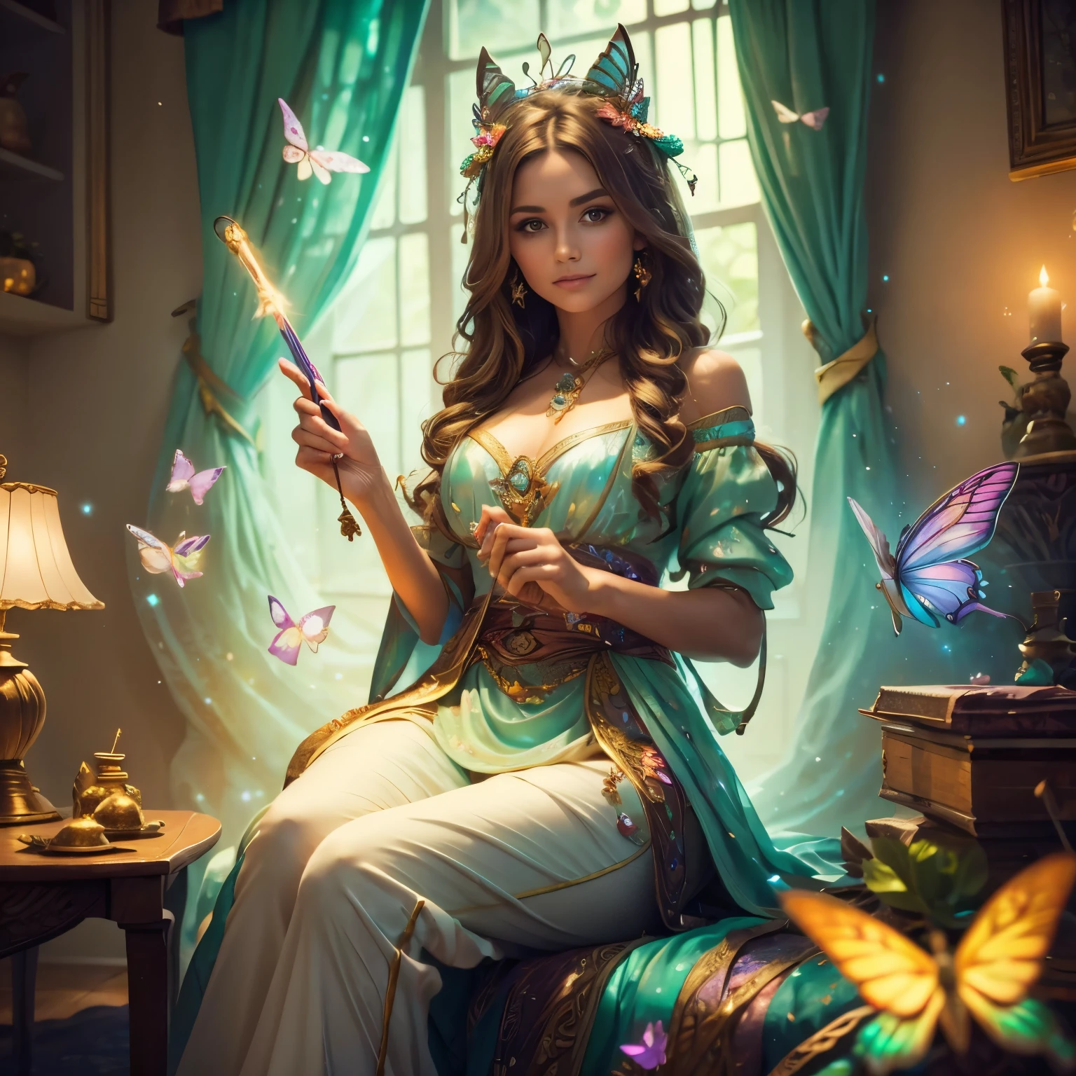 very beautiful woman bronze hair With a magic wand in his hand!!!! dressed in a fantasy mother of pearl  dress and pants decorated bows and butterflys!!!!! she is sitting on a room !!!!!!! high detail, front light, bright colors, high quality, high detail, masterpiece,

