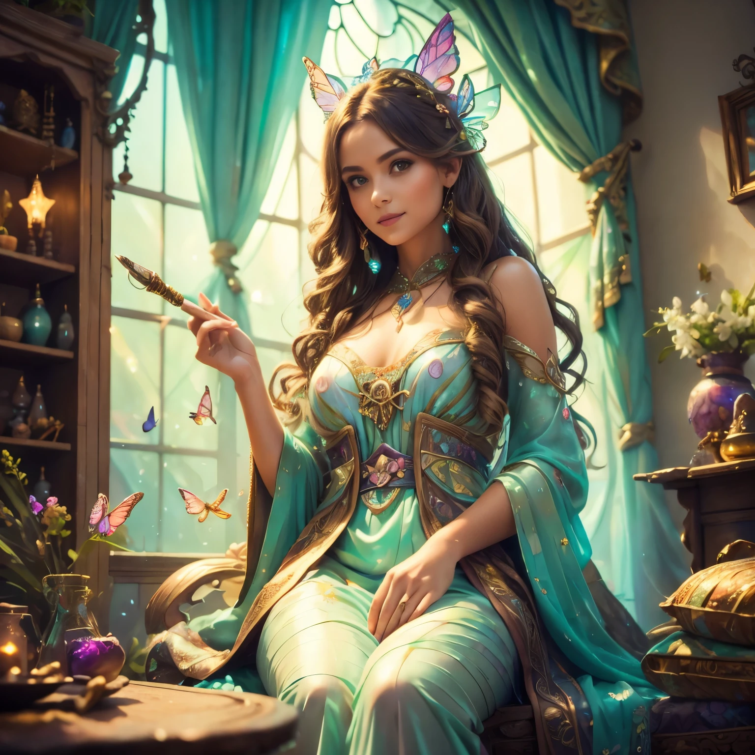 very beautiful woman bronze hair With a magic wand in his hand!!!! dressed in a fantasy mother of pearl  dress and pants decorated bows and butterflys!!!!! she is sitting on a room !!!!!!! high detail, front light, bright colors, high quality, high detail, masterpiece,

