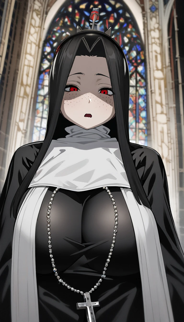  one woman,Black Hair,long hair,Hair tips that bounce outward, Red Eyes,Sanpaku,bags under eyes,Freckles,  looks bad,shark mouth, Huge, Saggy Breasts ,Big Ass,nun,wimple,Shoulder blades,White tights,Rosary, head on,The whole body is visible,Cathedral background