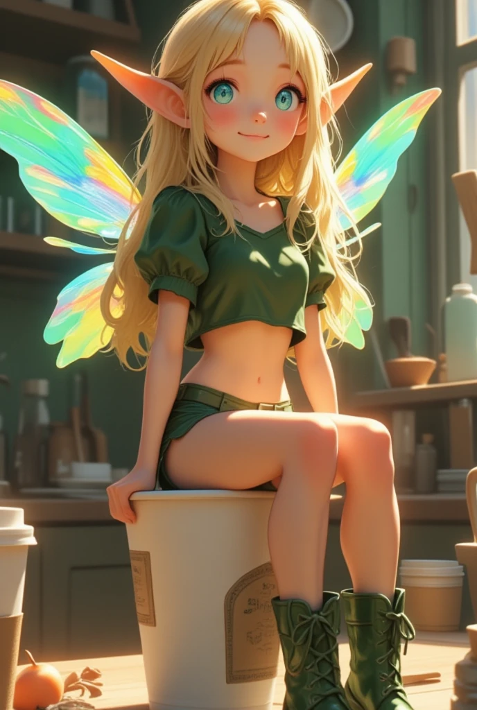 1 elven girl, solo, full body, A small-sized elf with transparent wings that shine with the rainbow color is sitting on the Paper cup with lid, looking up at the viewer and smiling. long blonde hair, Azure big eyes. green short puff sleeve cropped shirt, green low rise shorts that expose the groin, green lace-up boots, on the dinning table in the kitchen