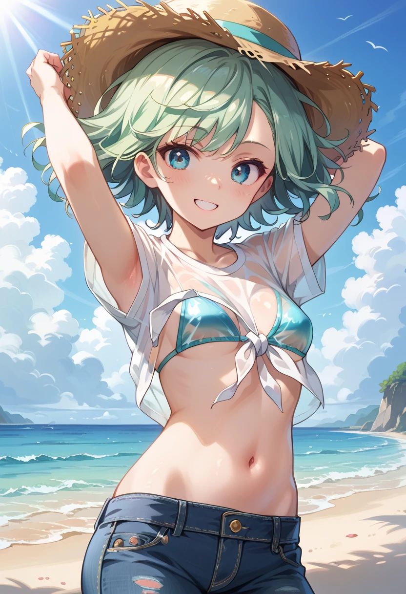 2D, masterpiece, highest quality, anime, Very detailed顔, High resolution, Absurd, incredibly Absurd, full_body, Very detailed背景, 1girl, ((Blush 1.5)), elbow gloves, gloves, Green Hair, Headband, View Viewer, blue eyes, short hair, alone, alone focus, SFW, black gloves, roller, White knee socks (masterpiece),(highest quality),In 8K, a beauty girl,Full body like,((Small breasts)),((Thin thighs)),(((Very short hair:1.3))), Nice big blue eyes, (High Detail Eyes), smile, Green Hair, Hair blowing in the wind,,(Pink Swimsuit:1.3),(See-through bikini swimsuit:1.3),(マイクロビキニタイプのrollerイズ水着:1.3), There is a white line on the edge of the swimsuit,Stomach-revealing swimsuit, Teenage Girl,((High resolution,Hmph,Pixel perfect,Depth of written boundary)),Beautiful anime girl, Beautiful art style,(I), (Highly detailed skin:1.3), high school student,Mature body,running, Soft Skin,coastal,Sandy Beach,evening,Shiosai,Gentle breeze,Laughter,Blushing with embarrassment,look up, Overhead Configuration,Floating water droplets, レンズFlare, Outstanding Features,Optimal ratio of four fingers to one thumb,perspective, Glowing White Particles, Flare, Outstanding Features, Perfect Anatomy Tommy, Centered, Perfect distance, Very detailed, Complex, Acura, Very detailed rich colors, Rich colors, clean, Rich colors, Exquisite details, Golden ratio illustrations , roller, Green Hair, blue eyes, pink mecha , fully robotic!! girl, nanogirlv 2, symphogear, fully robotic!、(((Panties with used condom 1.5)))