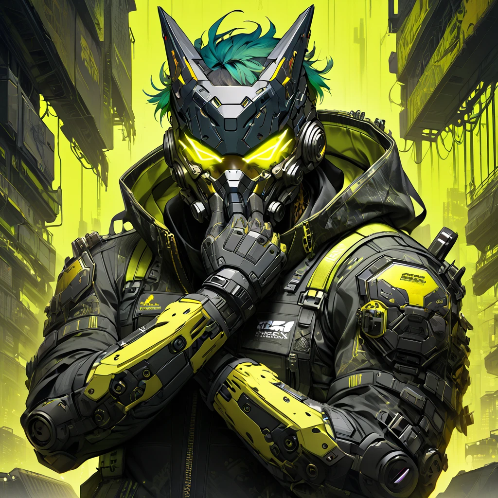 cyborg, 1_man_cyberpunk_2077, barghest, neonyellow and black techwear, cyberpunk backdrop, neongreen punk hair, golden skullmask covering his mouth, neongreen glowing eyes, tattoos on lower arms, black gloves
