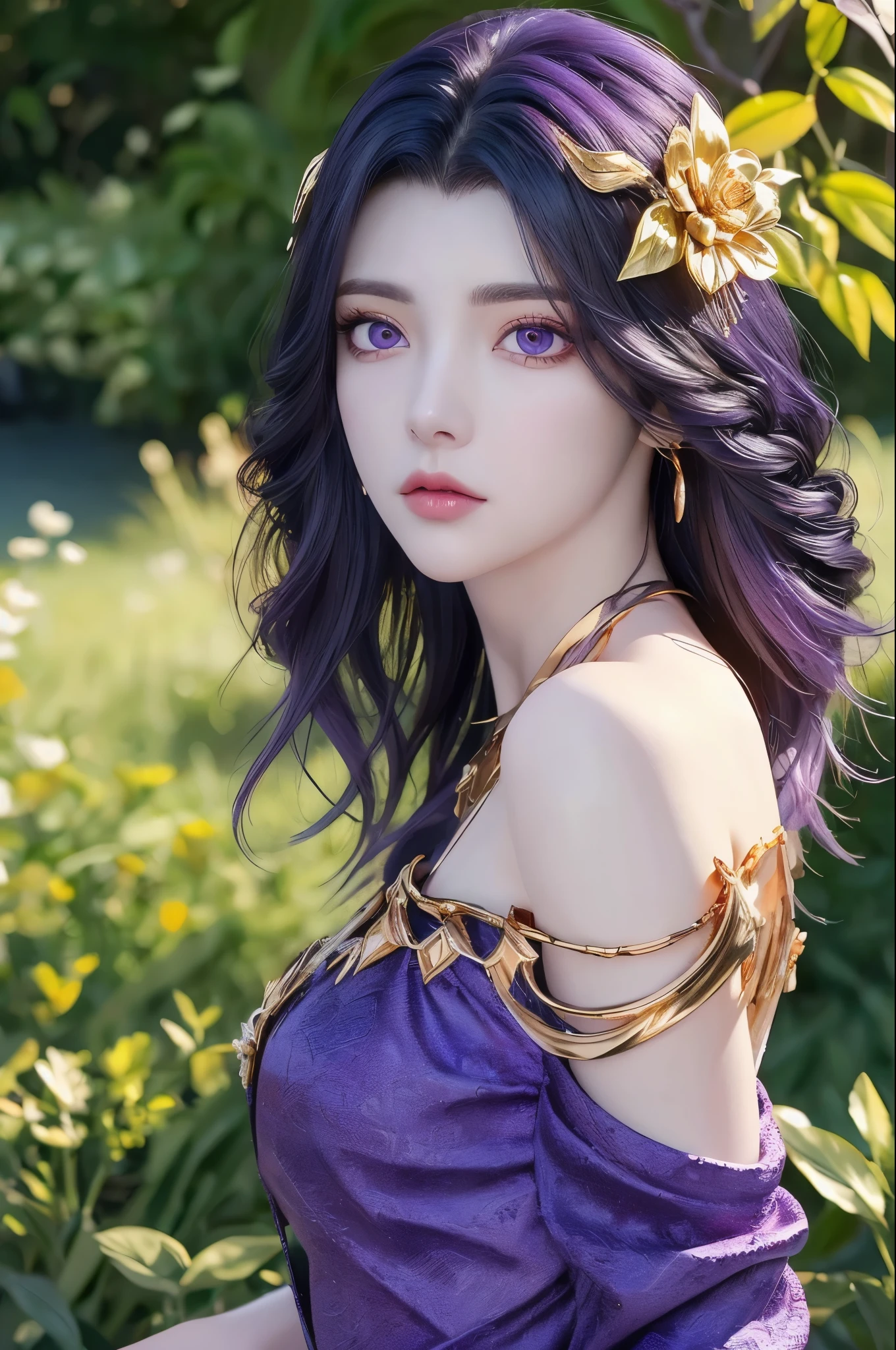 (Best Quality, Masterpiece:1.4), (Realism:1.2), (Realisitc:1.2), (Absurdres:1.2), (photorealistic:1.3), Realistic Skin,Solo,( Very Big Eyes,beautiful detailed eyes, symmetric eyes,), ((cowboy shot)),1girl,solo,             
breathtaking yunxi,1girl,hair ornament,solo,dress,long hair,black hair,Solid gold hair accessories,Gold flower headdress,purple dress,jewelry,purple eyes,looking at viewer,expressionless,blue dress,bare shoulders,see-through,purple hair, illustration, an extremely delicate and beautiful, extremely detailed ,CG,unity,8k wallpaper,park background,vibrant flowers