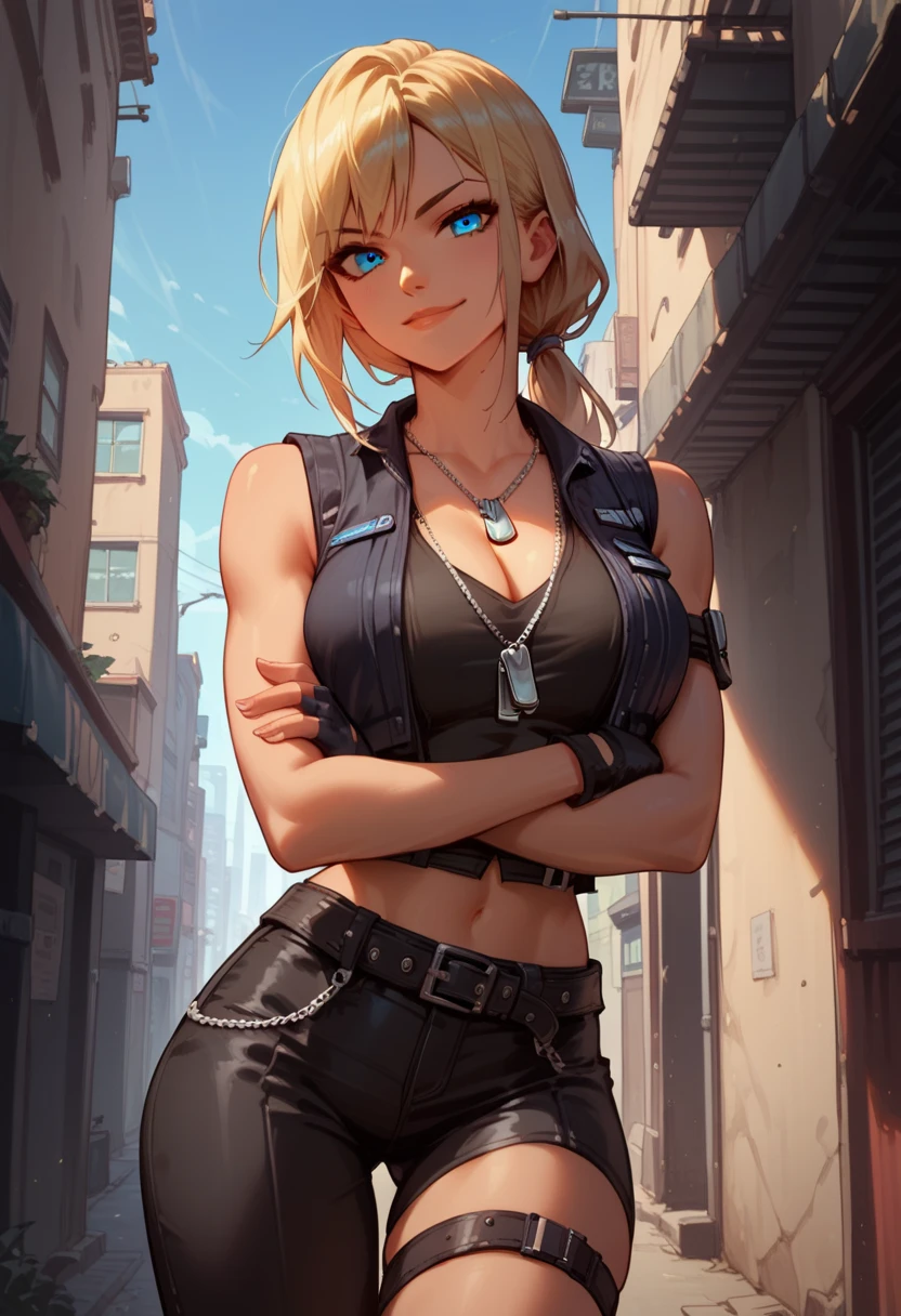 score_9, score_8_up, score_7_up, score_6_up, source_anime, 1girl, solo m9sb, blonde hair, low ponytail, blue eyes, dog tags, cleavage, black vest, sleeveless, midriff, black belt, black pants, thigh strap, fingerless gloves, black gloves, fit, large breasts, looking at you, crossed arms, smirk, closed mouth, city, blue sky, alleyway