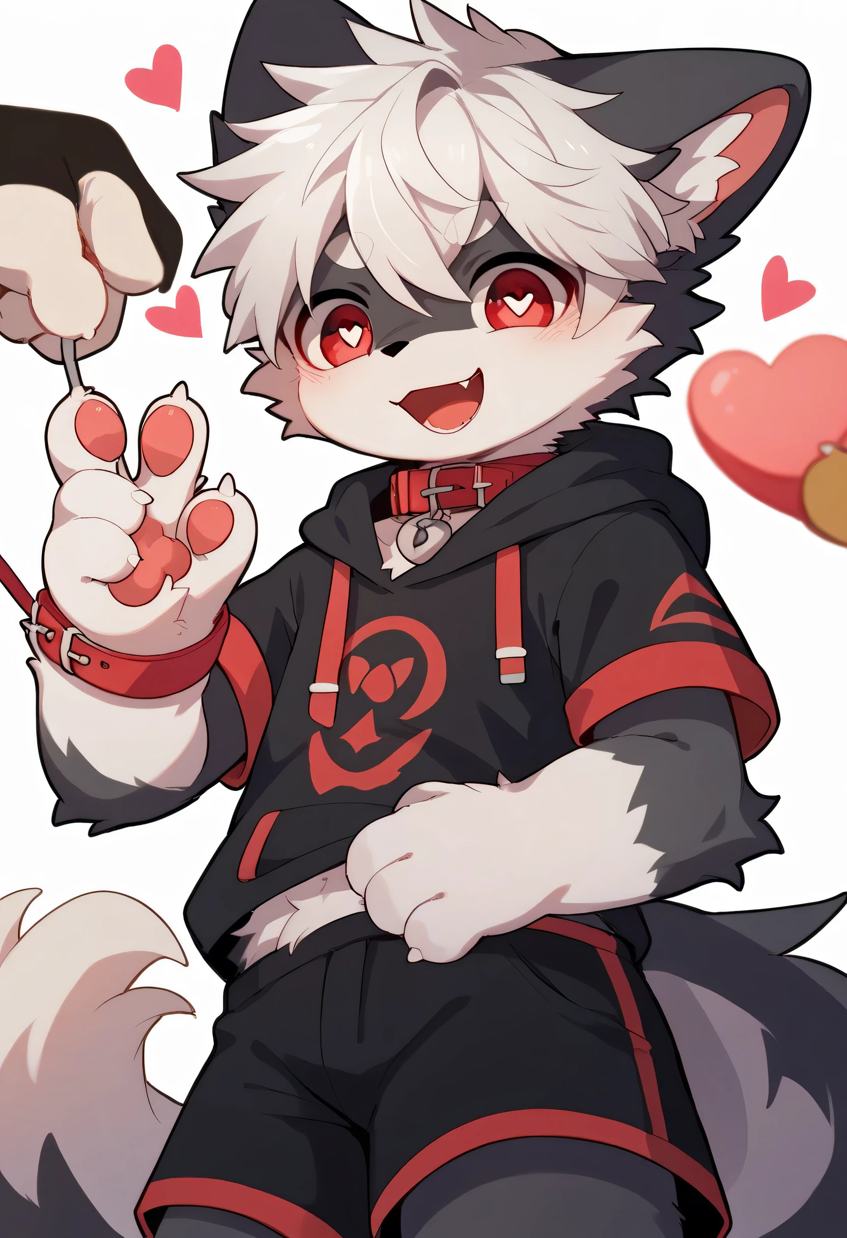  very detailedな, very detailed, gray fur white hair ,  cute boy ！,male, excited to see bones , wolf fur,Excited,participate, cute face, fluffy fur like one,Horny boy,Red collar,cute ears ,Fluffy Ears ,Fluffy Ears ,Show your legs,Show me a paw , holding a red collar and string in his hand, cute fur boy , boy, heart eyes,Horny boy , young man , black back ,White background, blush nose ,Alone,Droopy ears, black shorts , Black Short Sleeve Hoodie 