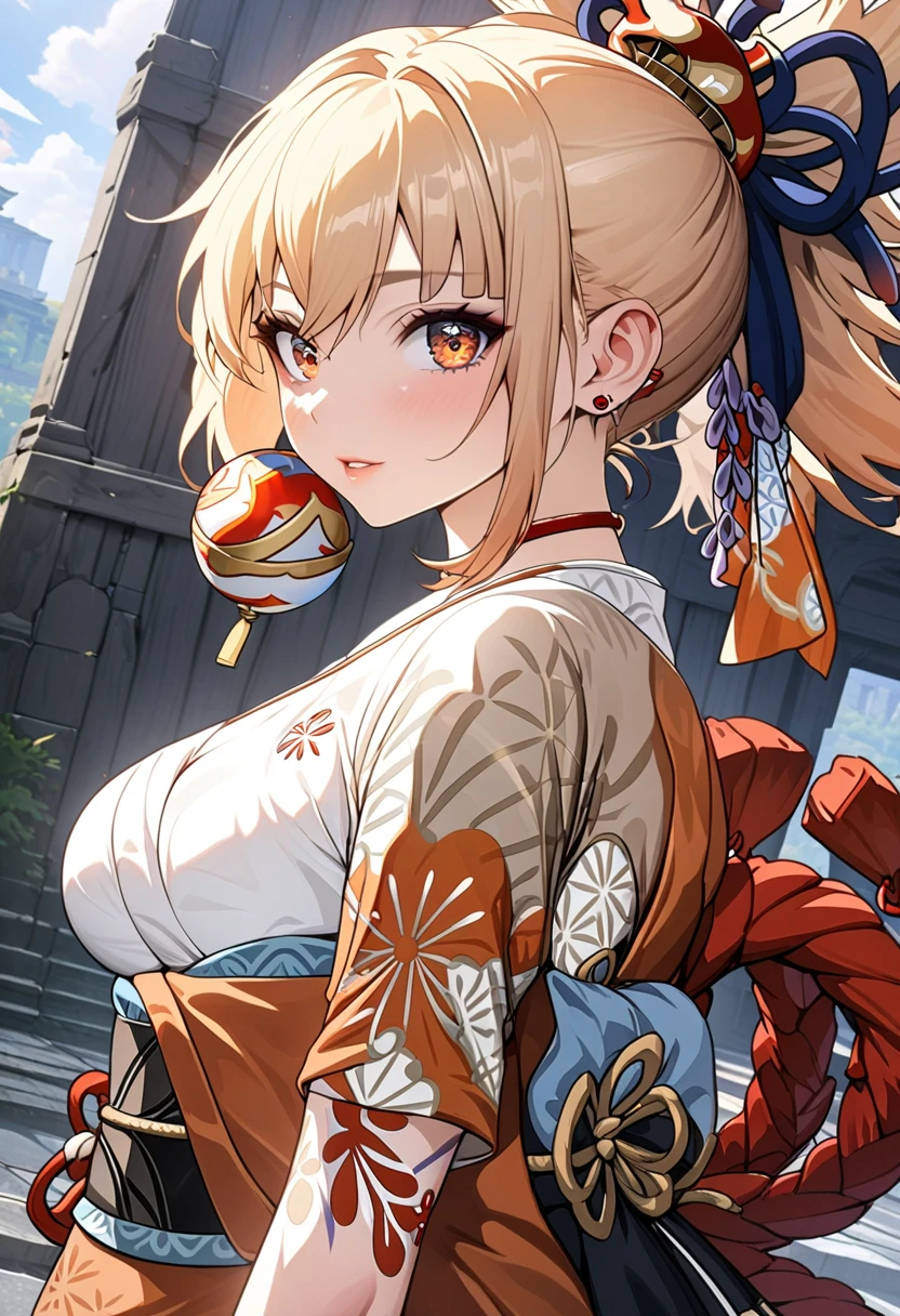 Japanese Kimono,White headband,Blue half-coat,Take off one skin,Ultra mini skirt,White loincloth,Gold rings on both thighs,Blue and white shimenawa rope around the waist,Thick-soled black sandals,High resolution,Sharp focus,(Super detailed,Very detailed),(Very detailed CG unity 8k wallpaper),(((Vibrant colors))), Complex eyes,Beautiful fine details,Symmetrical eyes,Big eyes:1.5,Seductive eyes,Camel Toe,erection of nipple, One Girl,Blonde,Shiny Hair,short hair,hair band,Brown eyes, 肌 tanned, shiny 肌,very shiny 肌,Shiny body,plastic glitter 肌,exaggerated shiny 肌,illuminated skin, Big Tits,glamorous,Tight waist,Long legs,curve,Cleavage,erotic,Bold,Revealing clothing,show 肌, Invisible Light, Amazing shine, Neon pink glow, The colors of another world,Bright colors, Look back,Side view,very short pleated miniskirt, showing panties, sweat, perspired, smile, Open your mouth,skirt lift by myself, Moonlit cityscape,A noisy, crowded square, Ancient Market,Whimsical storefront,Fantasy World,Fascinating market stalls,Cobblestone Street,clothes lift, nipples visible through clothes, fucked silly,
heavy breathing,