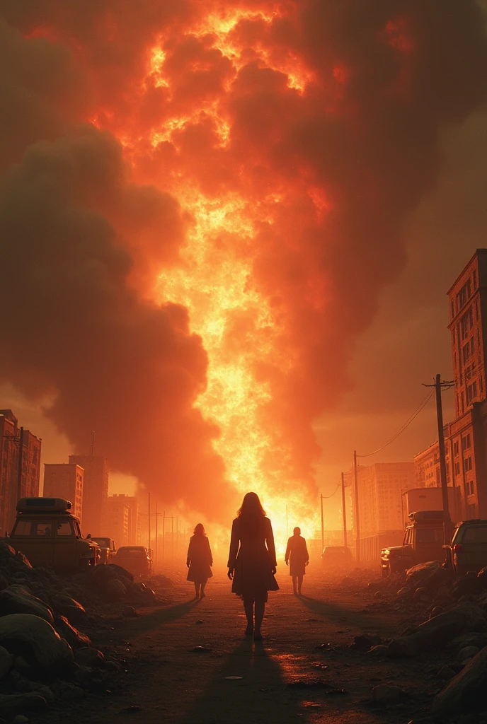(cbp2566 style:1.2), A woman stands in front of a nuclear bomb exploding the city, With black smoke dust and huge black clouds in the orange sky, strike of lightning:0.6, (building fires:1.2), (Apocalyptic and post-apocalyptic fiction), (doomsday), The fragments were scattered around, concept art, official art, (masterpiece, best quality, 24mm, 8k, HDR), (raytracing:1.2), science fiction, absurdres, detailed, ultra-detailed, (volumetric lighting:1.2), (cinematic lighting:1.2), darkness,