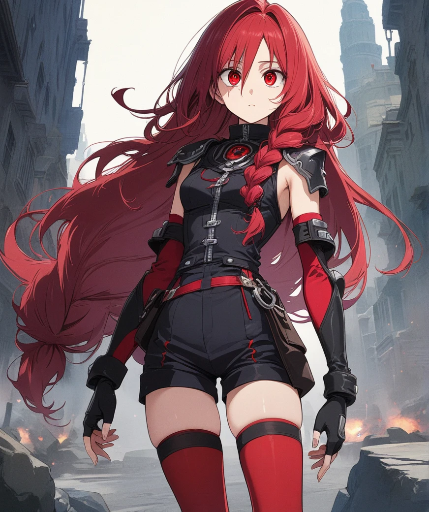 grimgaryume, yume, long hair, (red eyes:1.5), braid, red hair, single braid, BREAK thighhighs, gloves, boots, shorts, elbow gloves, fingerless gloves, cape, black shorts, red thighhighs, BREAK looking at viewer, BREAK outdoors, BREAK (masterpiece:1.2), best quality, high resolution, unity 8k wallpaper, (illustration:0.8), (beautiful detailed eyes:1.6), extremely detailed face, perfect lighting, extremely detailed CG, (perfect hands, perfect anatomy),
