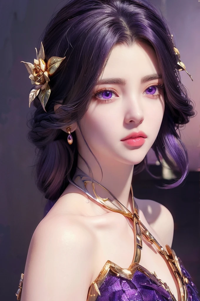 (Best Quality, Masterpiece:1.4), (Realism:1.2), (Realisitc:1.2), (Absurdres:1.2), (photorealistic:1.3), Realistic Skin,Solo,( Very Big Eyes,beautiful detailed eyes, symmetric eyes,), ((cowboy shot)),1girl,solo,             
breathtaking yunxi,1girl,hair ornament,solo,dress,long hair,black hair,Solid gold hair accessories,Gold flower headdress,purple dress,jewelry,purple eyes,looking at viewer,expressionless,blue dress,bare shoulders,see-through,purple hair, illustration, an extremely delicate and beautiful, extremely detailed ,CG,unity,8k wallpaper,park background,vibrant flowers