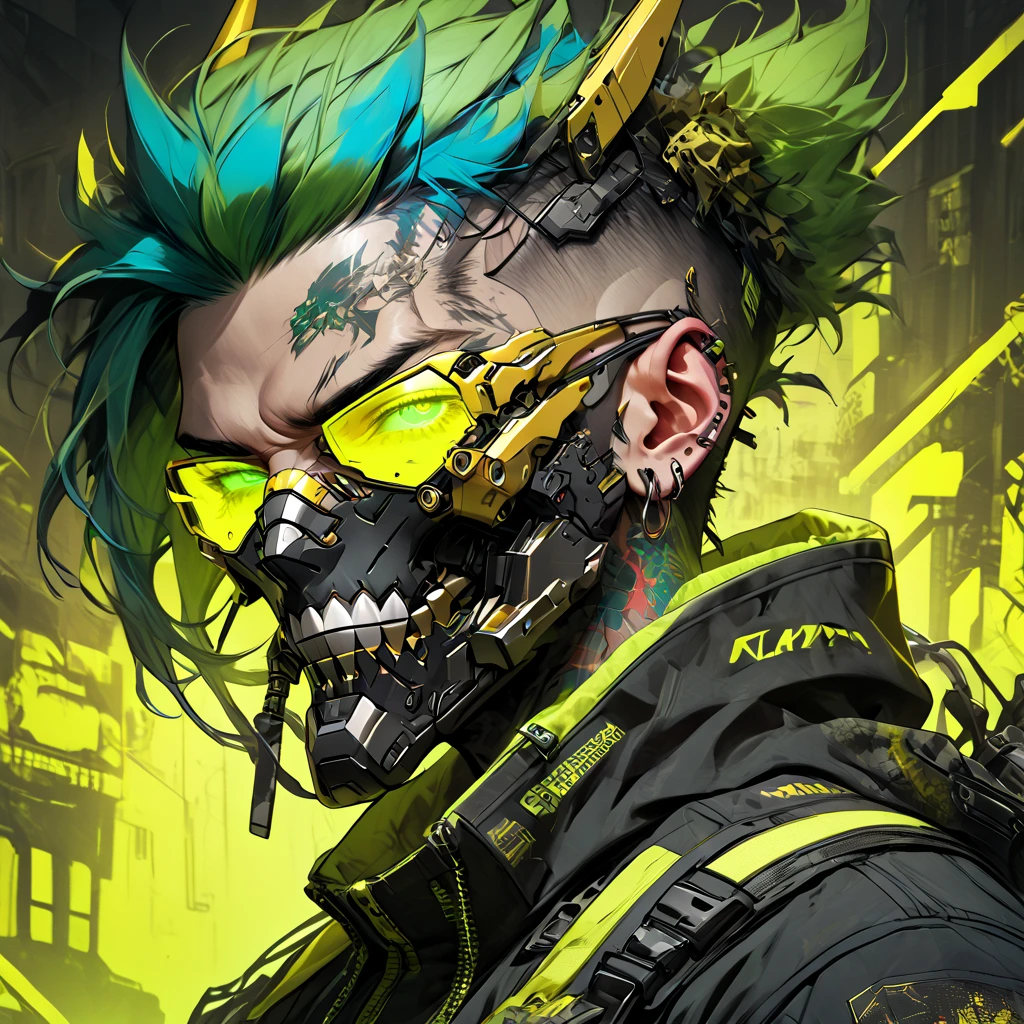 cyborg, 1_man_cyberpunk_2077, barghest, neon yellow and black techwear, cyberpunk backdrop, neongreen punk hair, golden skullmask over his mouth, neongreen glowing eyes, tattoos on lower arms, black gloves, pointing at
