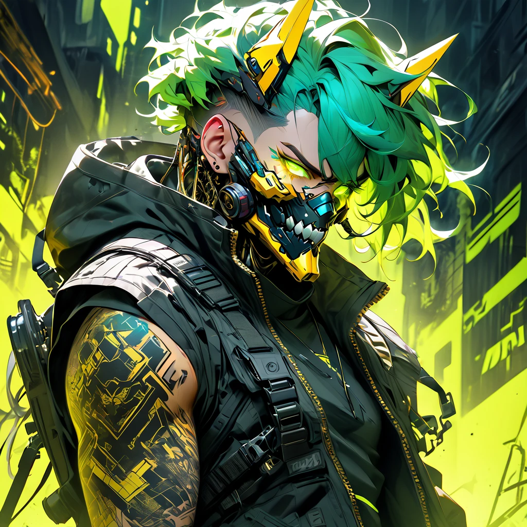 cyborg, 1_man_cyberpunk_2077, barghest, neon yellow and black techwear, cyberpunk backdrop, neongreen punk hair, golden skullmask over his mouth, neongreen glowing eyes, tattoos on lower arms, shouting
