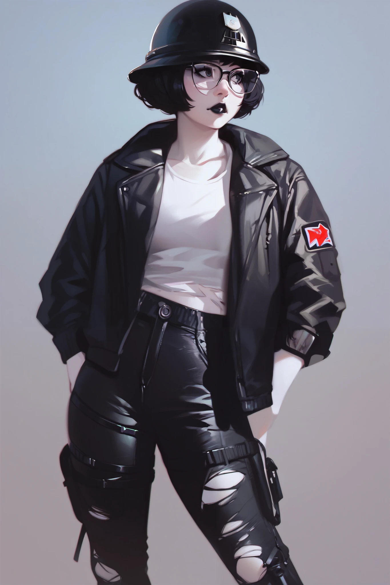 score_9, score_8_up, score_7_up, 1girl, standing straight, binkini, black jacket, black leather pants, wedgie, black hair, rectangular glasses, battle army helmet, black lips, white skin, chalk white skin, ripped pants, black combat boots, threaded garment rims,