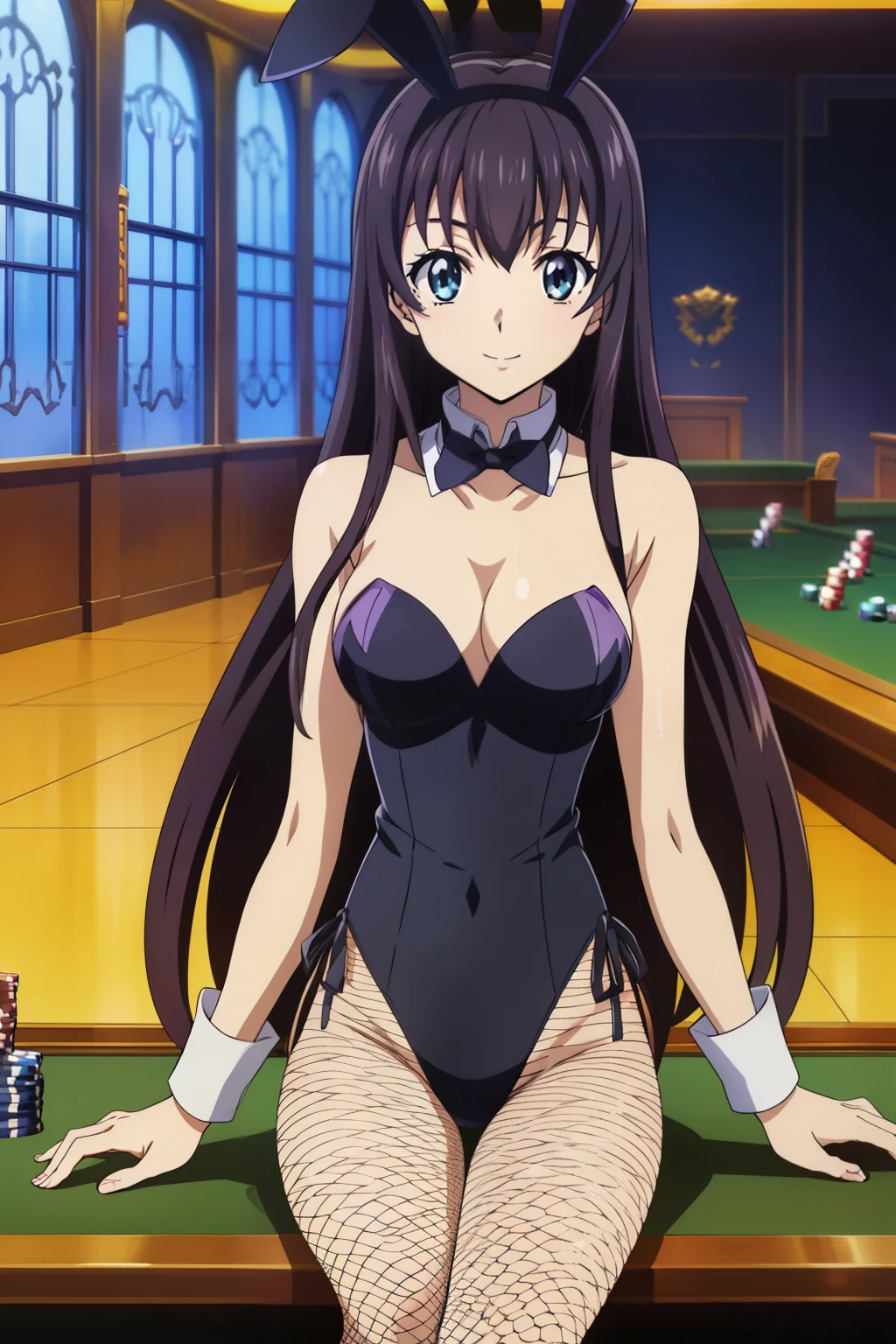 black_hair,length_hair,green_eye,前hair, hairband, (((casino))), (((Fishnet tights))), (((blue corset, high leg, blue Bunny suit, blue bustier, bow tie))), , 1 person, 20-year-old,young woman,beautiful,beautiful length legs,beautiful body,beautiful hip,beautiful character design, perfect eye, perfect face,expressive eye, Center the image,(Light_笑face:0.5), Official Art,Very detailed CG ユニティ 8k 壁紙, perfect Lighting,Glowing Skin, (masterpiece:1.0),(Highest_quality:1.0), 超High resolution,4K,Very detailed, 8k, High resolution, High resolution, Absurd:1.2, 400 for Kodak Port, Film Grain, (beautiful,big_chest:1.0), (beautiful_face:1.5),(narrow_Waist)(Long and thin_foot)