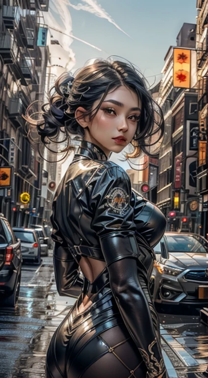 A beautiful woman in cyber costume on the New York background