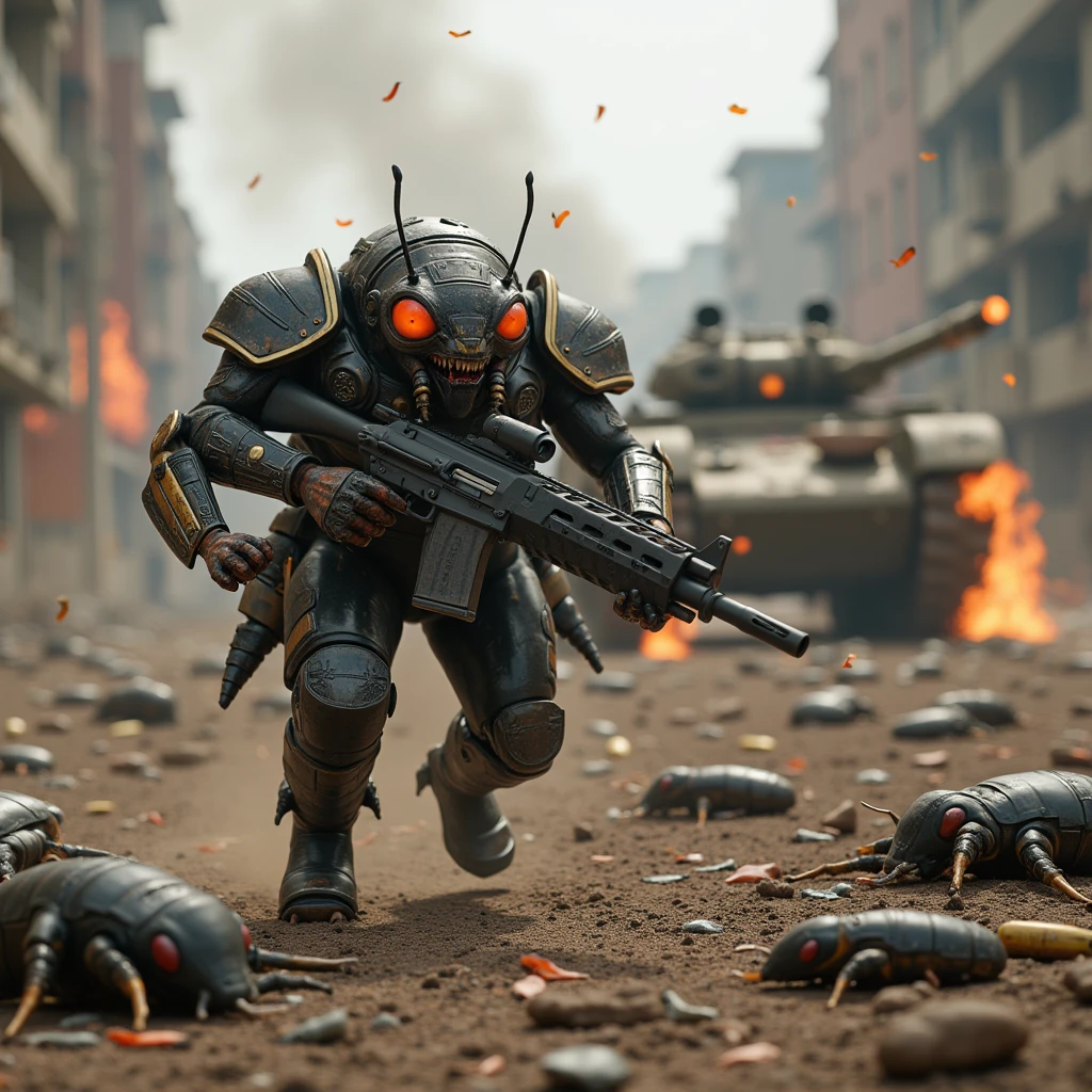 Fotoreal ,HD, ((A dangerous cockroach in soldiers uniform with ak47 gun,Modern armor,a cockroach in high-tech armor and a machine gun in its paws )) shoots into the frame , (The s of dead cockroaches in the same armor are lying around ), war, ruin,explosions,the fire behind ,war тараканов против майских жуков, weapon shooting ,(батальная сцена war насекомых,( movie style District No. 9 ),small details ,  cartridges are flying ,they are shooting,((tank insect burns behind  (an insect-like tank with chitin armor )), epic battle scene  ,war тараканов и майских жуков,((tank insect burns behind  ( a tank that looks like an insect with honeycomb chitinous armor on the legs of a group of caterpillars))