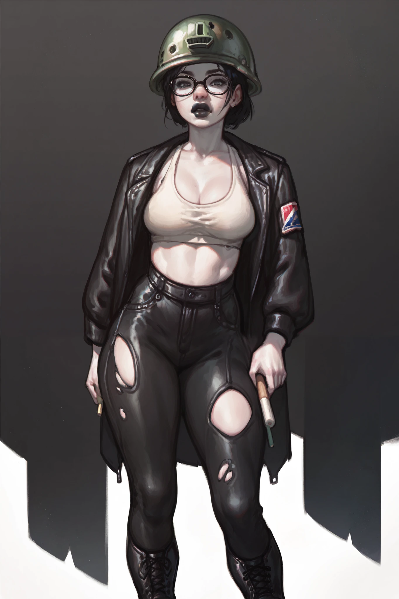 score_9, score_8_up, score_7_up, 1girl, standing straight, binkini, black jacket, black leather pants, wedgie, black hair, rectangular glasses, battle army helmet, black lips, white skin, chalk white skin, ripped pants, black combat boots, threaded garment rims,