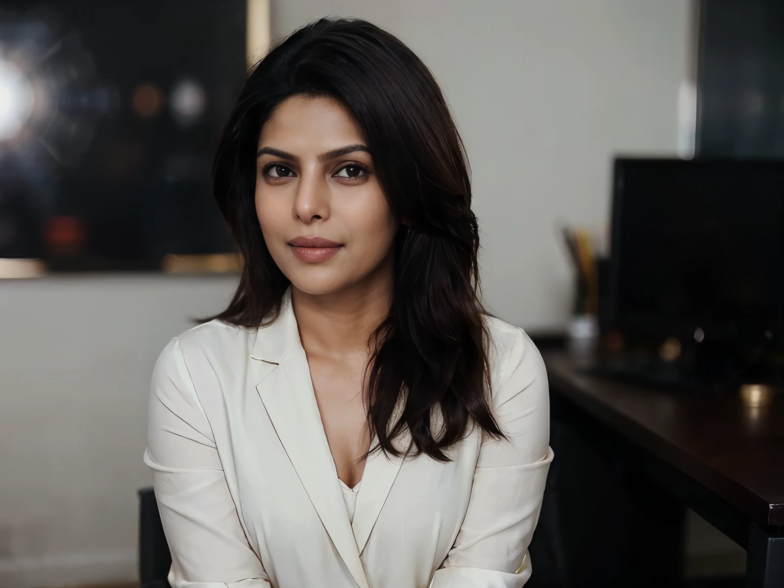 Create a realistic portrait of a beautiful 30-year-old Indian female influencer with the poised confidence and subtle charm of Priyanka Chopra. She has a warm, glowing complexion, expressive dark eyes that convey self-assurance, and a slight, graceful smile that hints at her inner strength. Her dark, glossy hair is styled neatly, either in soft waves or pulled back to highlight her face. She’s dressed in chic, professional attire, like a tailored blazer and blouse, projecting elegance and sophistication. Her posture is upright, with shoulders relaxed and hands gently resting in her lap or on a desk, radiating a calm yet powerful presence. The background is a modern, minimalistic office space, with clean lines and soft lighting, emphasizing her composed, confident look., look at viewer and smile ON FACE, (cinematic:1.3), intricate details, (ArtStation:1.2)