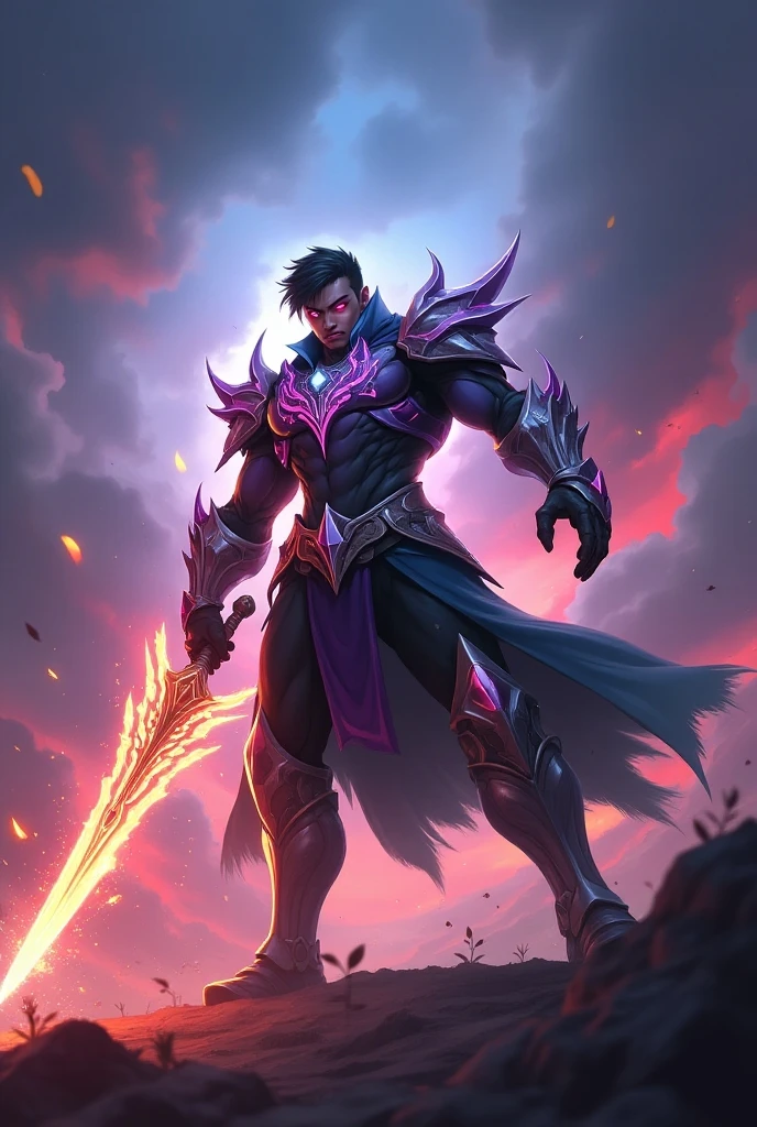 (((1 Male))) barbarian, full body, short hair, black hair, bright purple eyes, bear fur coat, pants, Brown hood, full armor, axe, muscular, war paint, black forest, shadows, Elf ears, dynamic pose