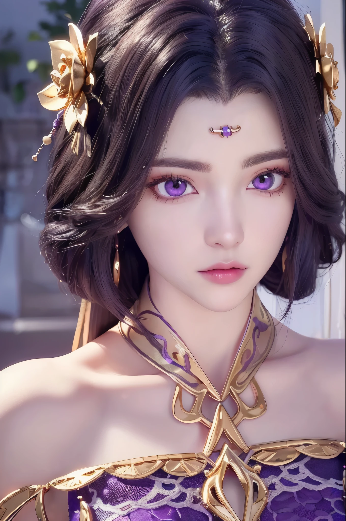 (Best Quality, Masterpiece:1.4), (Realism:1.2), (Realisitc:1.2), (Absurdres:1.2), (photorealistic:1.3), Realistic Skin,Solo,( Very Big Eyes,beautiful detailed eyes, symmetric eyes,), ((cowboy shot)),1girl,solo,             
breathtaking yunxi,1girl,hair ornament,solo,dress,long hair,black hair,Solid gold hair accessories,Gold flower headdress,purple dress,jewelry,purple eyes,looking at viewer,expressionless,blue dress,bare shoulders,see-through,purple hair, illustration, an extremely delicate and beautiful, extremely detailed ,CG,unity,8k wallpaper,