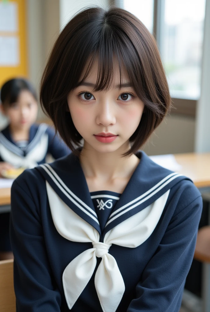 Highest quality, Face Focus, Soft Light, Ultra-high resolution, (Realistic:1.4), RAW Photos, 1 Japan, alone, cute, (A shy smile:0.5), (Brown eyes, Light in your eyes), Beautiful face in every detail, (Small box),(High resolution detail of human skin texture), (Short Bob Hair), break, In the classroom,Navy uniform, Best, skirt