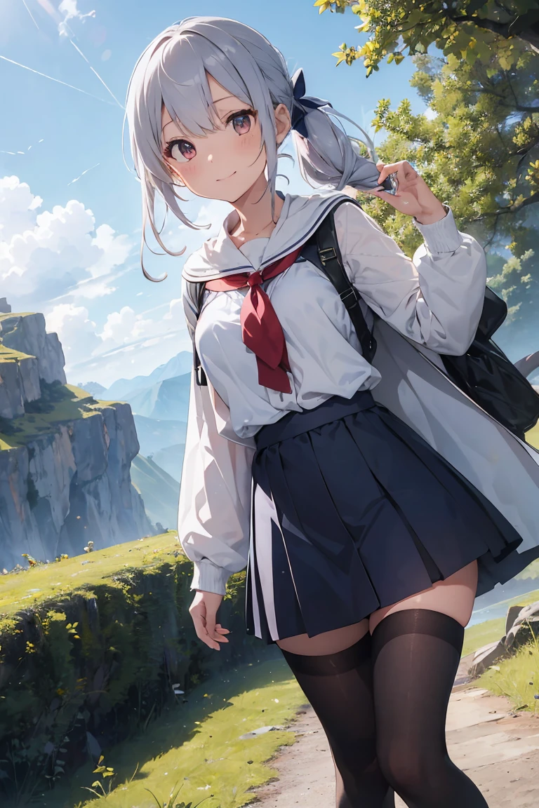 Anime girl in short skirt and jacket posing in a tunnel. Viewer discretion advised., (One Girl),Tabletop, Highest quality, High resolution, masterpiece、 Cowboy Shot、School courtyard、The background is blue sky、((Shooting from below:2、Under the skirt:2))、(Positive:1.5)、Girl standing with legs apart、Standing with your legs apart、Contemptuous Eyes、(((Hands on hips:1.5))、anger、Shooting from the floor、BREAK astride the cameraman ((blue eyes、Golden Hair)),,(Semi-long hair)、 (high school girl:1.1), (One Girl, solo:1.5), (One Girl、18-year-old、Mature、Huge boobs:1.5、超detailedな目:1.2)、(Big ample breasts:1.1), High School Uniform、Red checkered pleated skirt、Hip Skirt、white sailor suit with red collar、Red ribbon、 Long sleeve, ,(((Black knee-high socks)))、 (Highest quality、超detailedな、非常にdetailedで美しい、超High resolution、detailedな腕:1.2),、(Beautifully drawn eyes in every detail、Look at the details、Highest quality、detailed、High resolutionのイラスト),