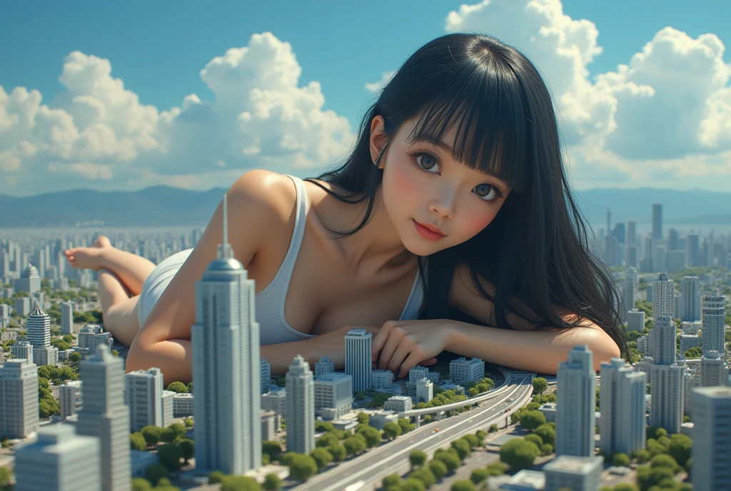 High resolution、Super detailed、(1 girl:1.3)、complex architecture、lush garden、Designing images using the fisheye effect、Capture a wide field of view with a unique curved perspective、panoramic cityscape、Creating elevation-aware rooftop views in urban environments、smile、cleavage