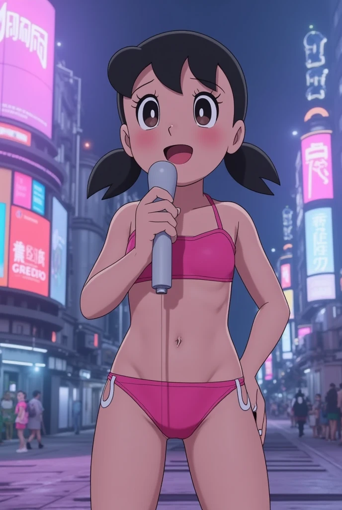 cyberpunk virtual idol, beautiful girl with microphone, singing on cyberpunk stage, wearing pink bikini, detailed face, beautiful eyes, long eyelashes, beautiful lips, hyper detailed, 8k, high quality, photorealistic, cinematic lighting, neon lights, futuristic, vibrant colors, intricate details, dynamic pose, professional 3d render