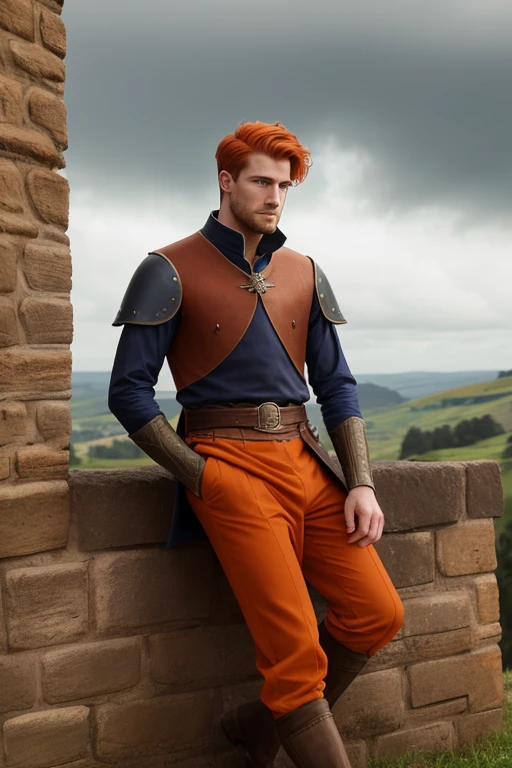 Photo-realistic. A pleased, tall, handsome, fit, 24-year-old Caucasian medieval prince, with short, fade-cut, burnt orange hair, and blue eyes, wearing a red and tan tunic, with gray trousers, sitting on top of a castle wall, looking out to the distance, on a cloudy afternoon.