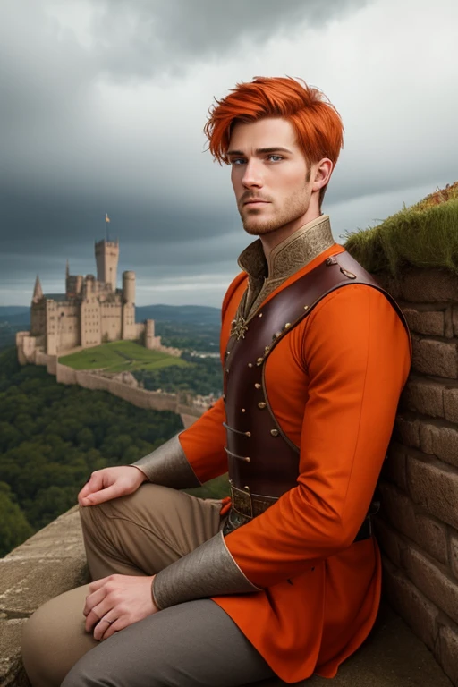 Photo-realistic. A pleased, tall, handsome, fit, 24-year-old Caucasian medieval prince, with short, fade-cut, burnt orange hair, and blue eyes, wearing a red and tan tunic, with gray trousers, sitting on top of a castle wall, looking out to the distance, on a cloudy afternoon.