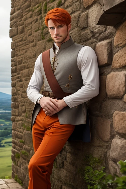 Photo-realistic. A pleased, tall, handsome, fit, 24-year-old Caucasian medieval prince, with short, fade-cut, burnt orange hair, and blue eyes, wearing a red and tan tunic, with gray trousers, sitting on top of a castle wall, looking out to the distance, on a cloudy afternoon.