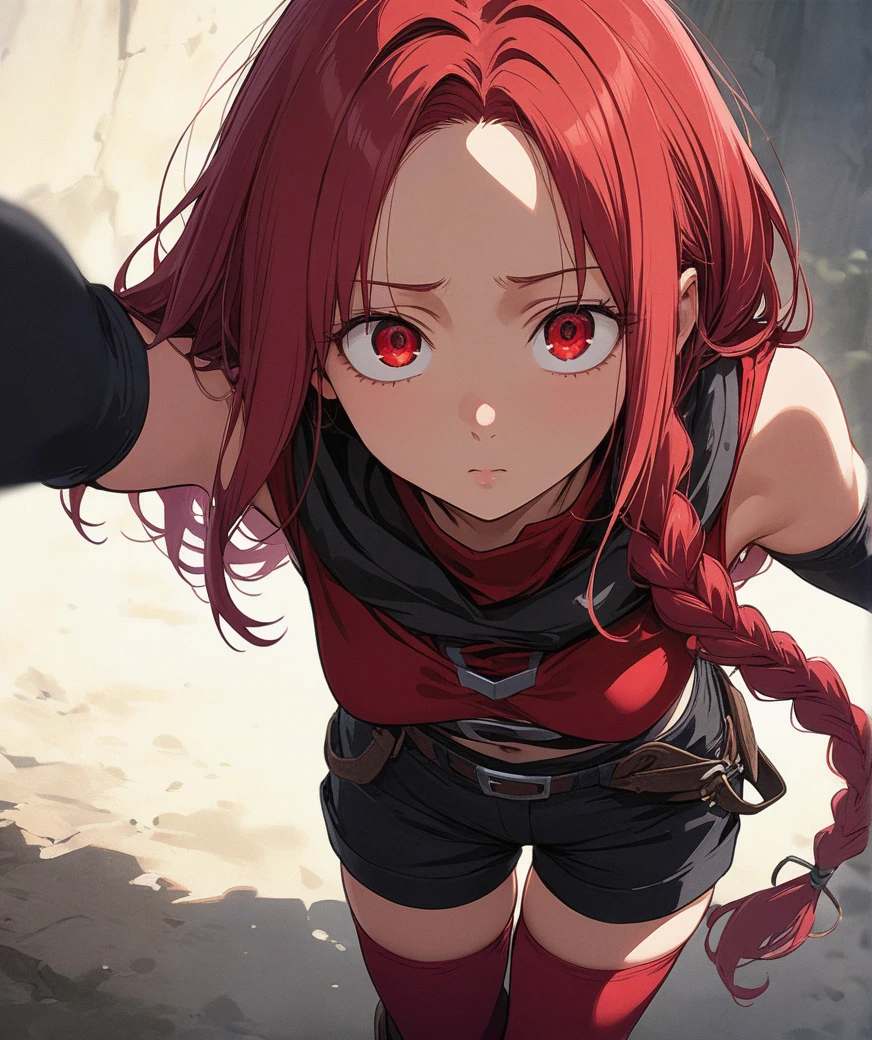 grimgaryume, yume, long hair, (red eyes:1.5), braid, red hair, single braid, BREAK thighhighs, gloves, boots, shorts, elbow gloves, fingerless gloves, cape, black shorts, red thighhighs, BREAK looking at viewer, BREAK outdoors, BREAK (masterpiece:1.2), best quality, high resolution, unity 8k wallpaper, (illustration:0.8), (beautiful detailed eyes:1.6), extremely detailed face, perfect lighting, extremely detailed CG, (perfect hands, perfect anatomy),
