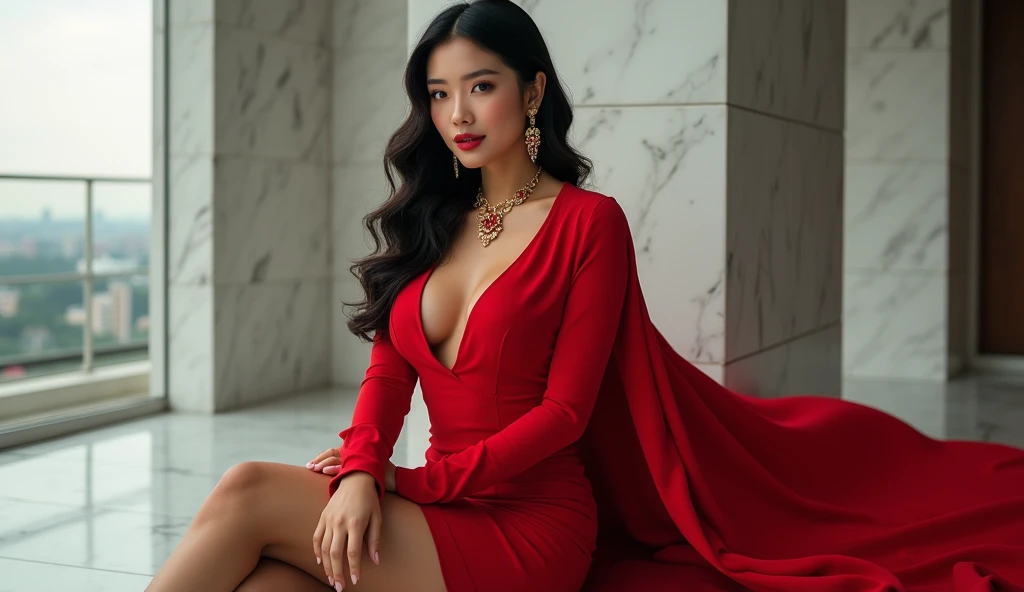 (realistic:1.4),(masterpiece:1.2),  Thai woman,(best quality:1.2), Good-looking at viewer,dramatic angle, big breasts, nipple, dramatic pose, 1girl, red dress,(jewelry),showing right shoulder, denim, red heels, full body 

