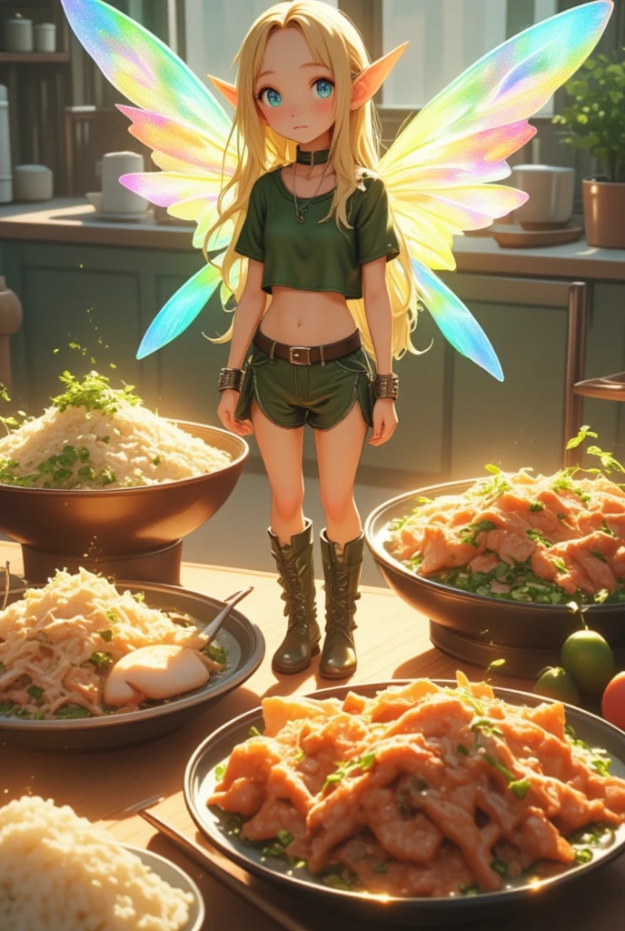 1 elven girl, solo, full body, A small-sized elf with transparent wings that shine with the rainbow color is looking at a variety of delicious looking dishes. standing next to the large dishes. long blonde hair, Azure big eyes. green short puff sleeve cropped shirt, green low rise shorts that expose the groin, green lace-up boots, on the dinning table in the kitchen, from above, lyh_niji