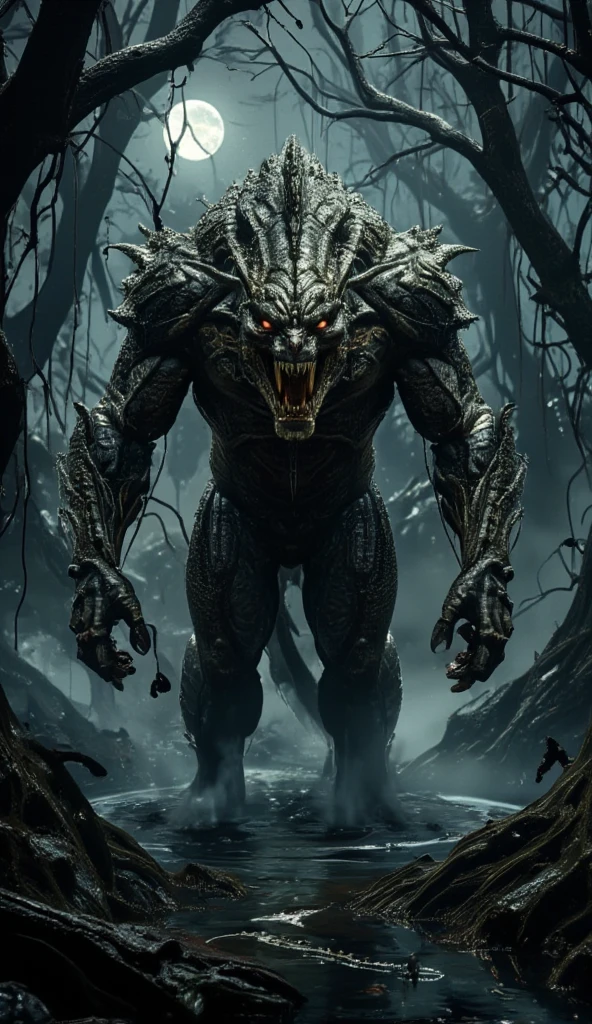 A monstrous hybrid of a lion and crocodile stands in the middle of the dark, misty swamp where the lion and crocodile faced off. The creature's muscular, fur-covered body glistens with crocodile-like scales along its back and limbs. Its head is a grotesque blend of feline and reptilian features, with razor-sharp teeth and slitted, menacing eyes. Twisted trees surround the beast, casting eerie shadows under the moonlight, as swamp mist swirls around its legs, ominous atmosphere,photorealistic, 8k, high quality, masterpiece