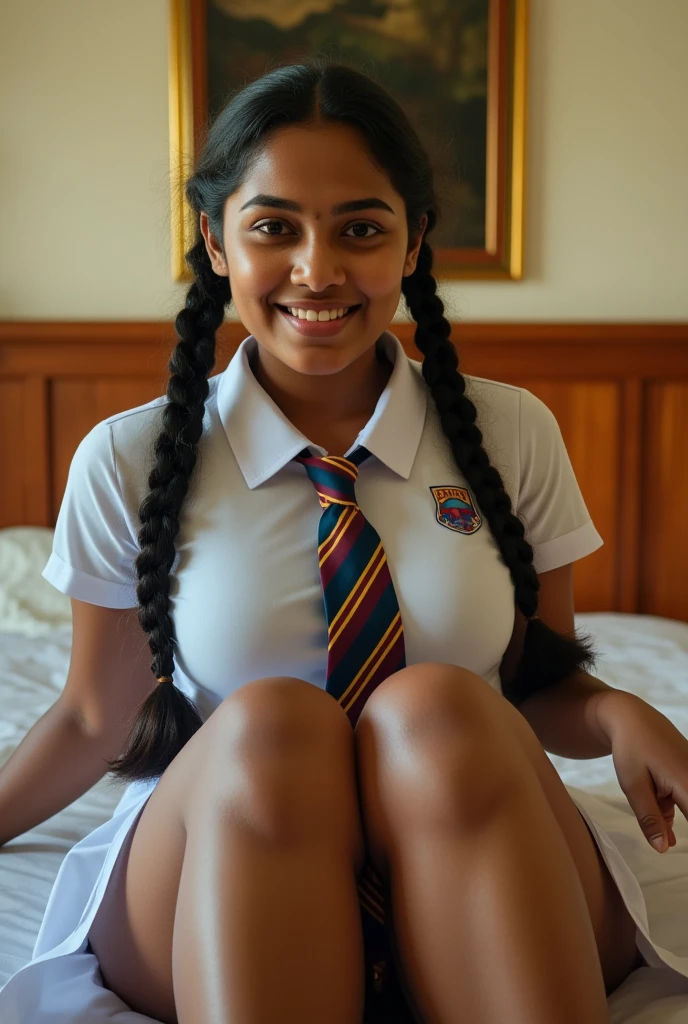 beautiful cute Sri Lankan school girl, in barefoot, Large breast size , 20 years old, wearing a white frock and a colored tie. She has plaits, black braided long hair, cinematic lighting, glowing, movie filter, moody effect, thick body, beautiful Indian face, sitting on the bed