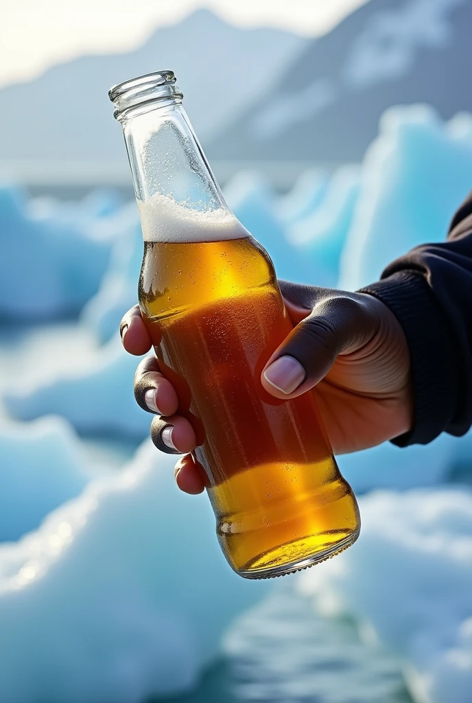 1girl, short hair, blue hair, blue dress, She is eating shaved ice on an ice table on top of an iceberg and holding a beer mug