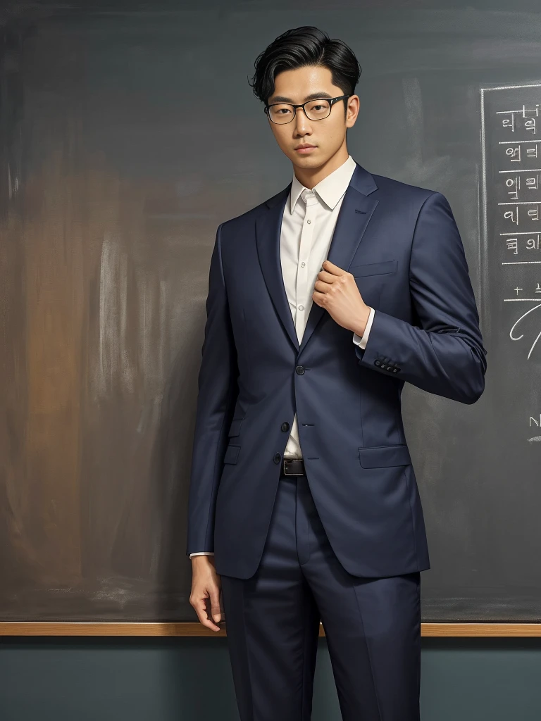  , a group of men in suits standing in front of a blackboard., , a hyperrealistic painting inspired by Joong Keun Lee ,  instagram , Mass Surrealism , , a skinny Asian scientist, , He was at college , South Korean man, Korean muscular guy 2 ,  was a strict teacher in school,  ), In the classroom,  Asian man , Male art,  full body image