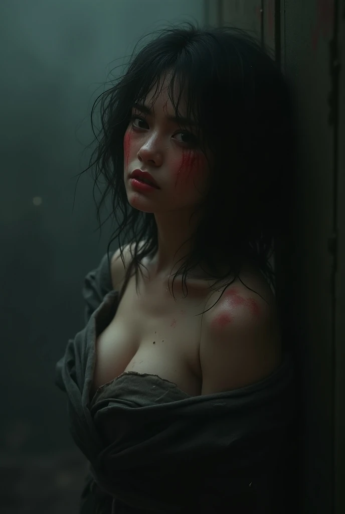 (masterpiece:1.0), (Highest quality:1.0),(Medium Shot:1.3) ,(Realistic:1.3), RAW Photos, (Detailed Background, Under the bridge), (Beautifully detailed face, sorrow), High Contrast, ,The most beautiful chaotic shapes, (Best lighting, Very delicate and beautiful), ((Cinematic light)), colorful, Hyper Detail, Dramatic Light, Intricate details, Character environment contrast enhancement, Enhanced Sharpening, (1 female, 25, alone, Long black hair, Sharp Face,Dynamic Angle), Sharp eyes, Beautiful Eyes, wear ((Open kimono|mofuku)), (Exposing shoulders), Japan floral pattern, (naked:0.8), (Big Breasts:1.1), Mature Woman, Mature Woman, Skin dents, (Perfect female body, Correct Proportions:1.1), Blood splatter, Black light swirling around the character, Depth of written boundary,black light particles,(Broken glass), Slate atmosphere, Cinematic, (Enhanced Reflection, Enhanced Sharpening), gravity, air pressure, Liquid material reinforcement, Enhanced Reflection (restricted), pale colour, Dark Shot, Calm colors, access, fog, Moody lighting, Ethereal quality,Captivating beauty, (Browsing Caution:1), Provocative pose, Sexy posture, (High Fashion, rich:1.4)
(whole body:1.5),
Pure Eros Face_v1,