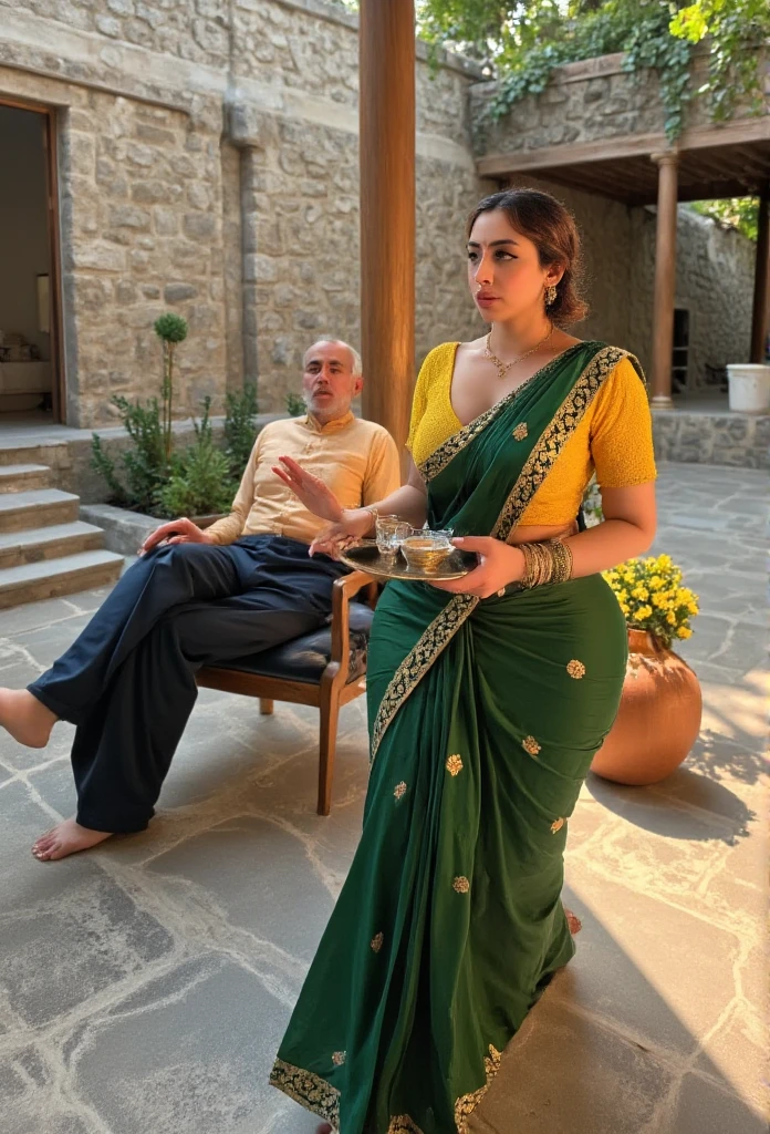 In a serene, rustic rural courtyard, the warm afternoon sunlight filters through the trees, casting soft shadows on the stone flooring. The scene is set against wooden pillars that give the area a timeless, traditional feel. An elderly man, with a white beard and deeply wrinkled face, sits comfortably on a wooden chair. His simple traditional attire of a long kurta and loose-fitting pants contrasts with the casual posture of the younger man beside him, likely the woman’s husband. The younger man, also dressed in traditional clothing, adopts a relaxed, passive stance, his body language indicating a subtle submissive role in the quiet domestic setting.

Their conversation flows in a hushed tone, with the elderly man gesturing slightly, exuding wisdom and authority with each word. The younger man listens intently, his attention fully on the elder, signaling respect and deference to the older man's wisdom. The low hum of their dialogue blends with the ambient sounds of the rural courtyard, but the real focus shifts as the woman enters the scene.

She is dressed in a vibrant yellow blouse with a deep neckline that gently reveals the curve of her shoulders and collarbone. The blouse is made of soft, smooth fabric that hugs her curves, its deep neckline adding a sensual allure to her otherwise graceful and modest demeanor. Her rich green saree, elegantly draped around her waist and over one shoulder, is adorned with intricate floral patterns and delicate gold trim that glimmers softly in the sunlight. The saree accentuates her figure, its flowing fabric emphasizing her graceful movements as she walks toward the men.

Her gold jewelry catches the light with every step: the soft jingle of bangles on her wrists, a delicate nose ring that sparkles subtly, and a necklace that rests gently on her chest. She carries a tray with delicate drinks—likely tea or juice—held firmly in both hands, her movements graceful and fluid as she approaches the seated men.

As she reaches them, sh